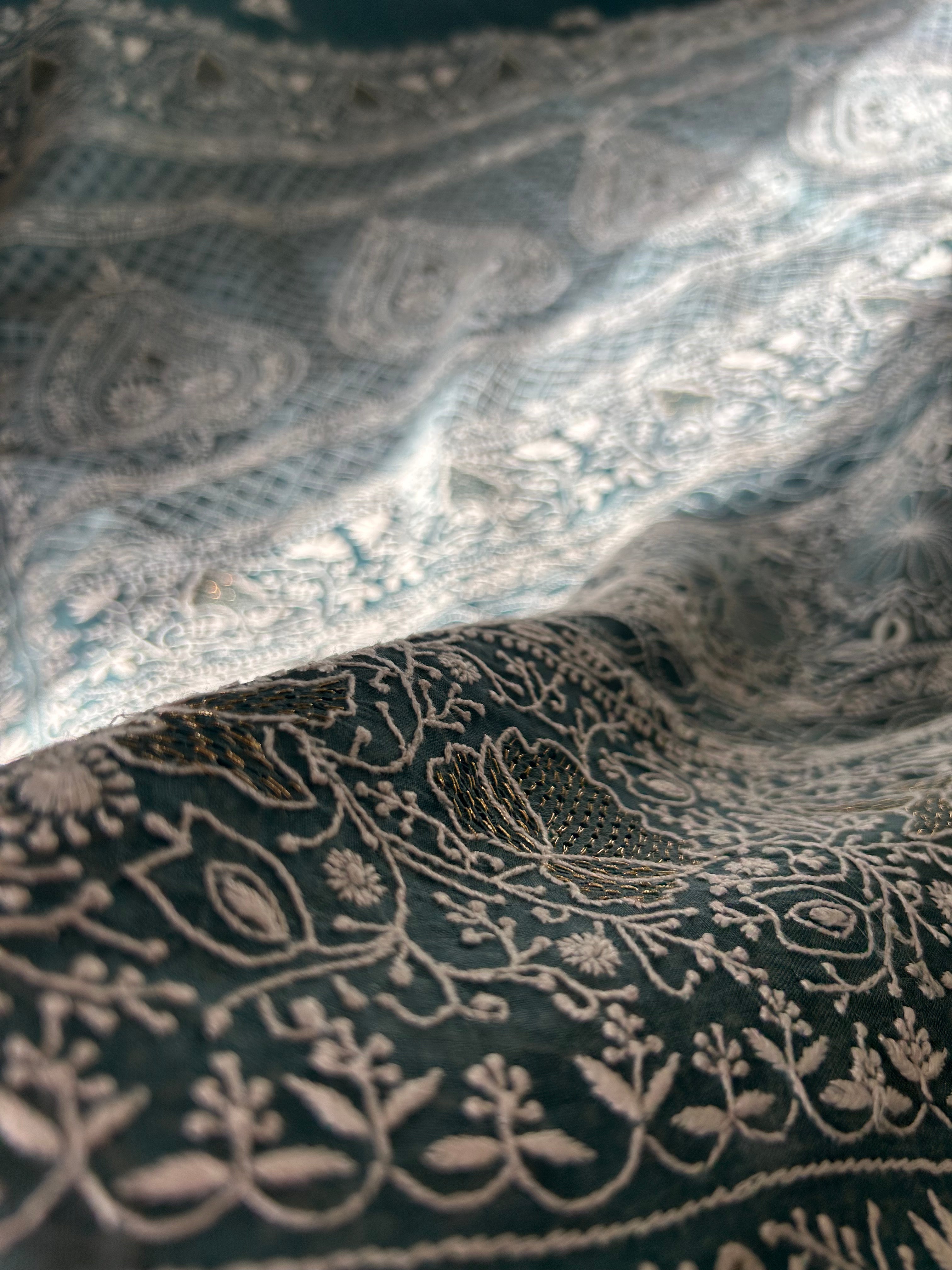 Exclusive Teal Blue Organza Chikankari Saree with statement paan boota