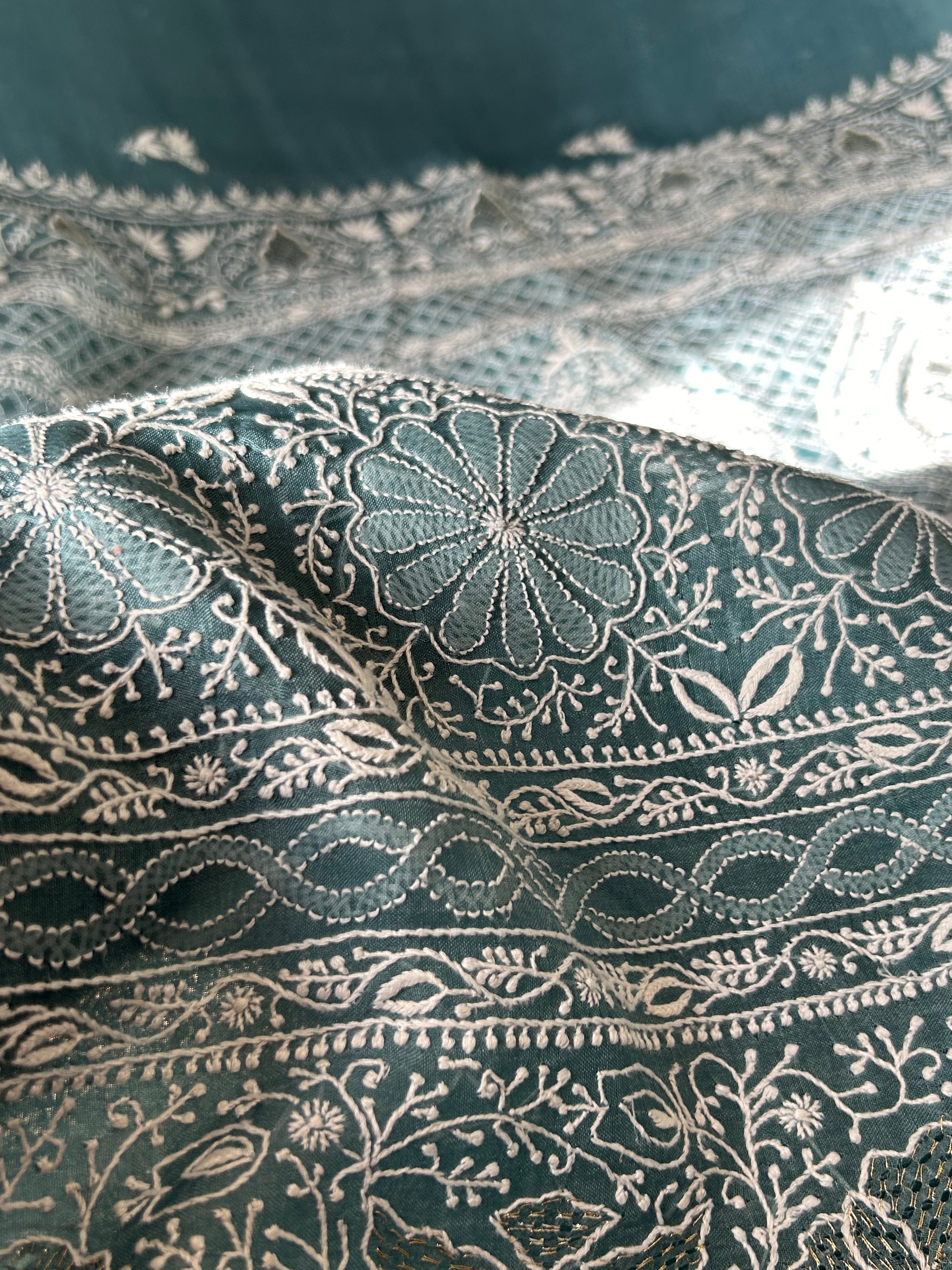 Exclusive Teal Blue Organza Chikankari Saree with statement paan boota