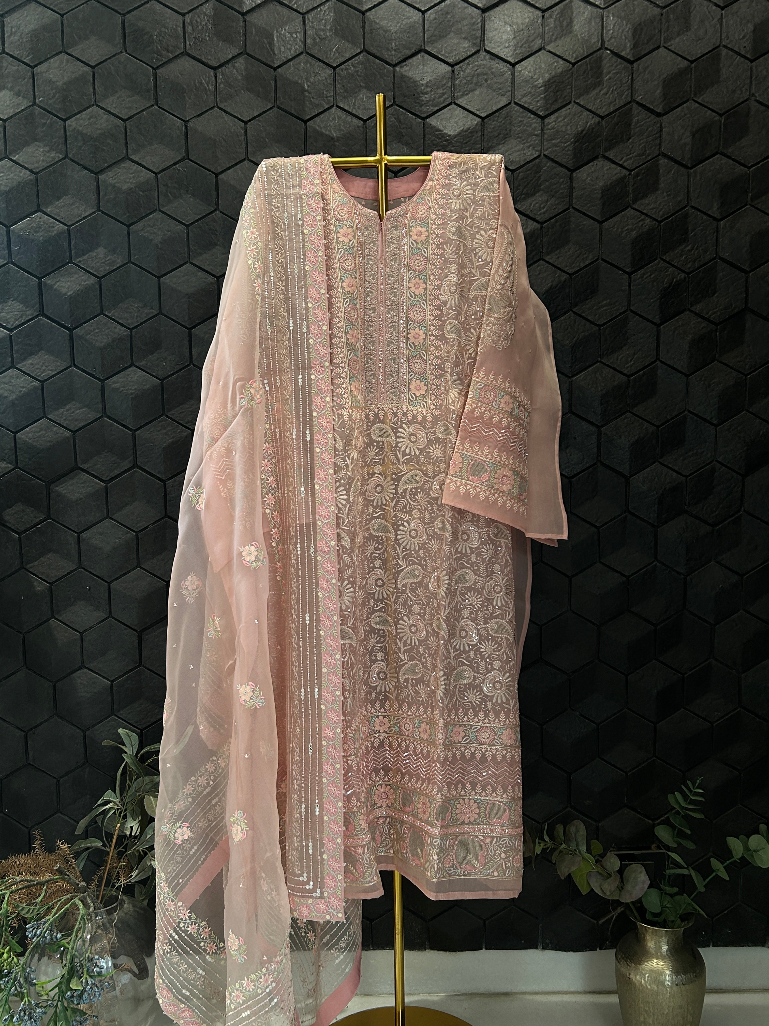 Premium Pink Organza Chikankari Kurta Set