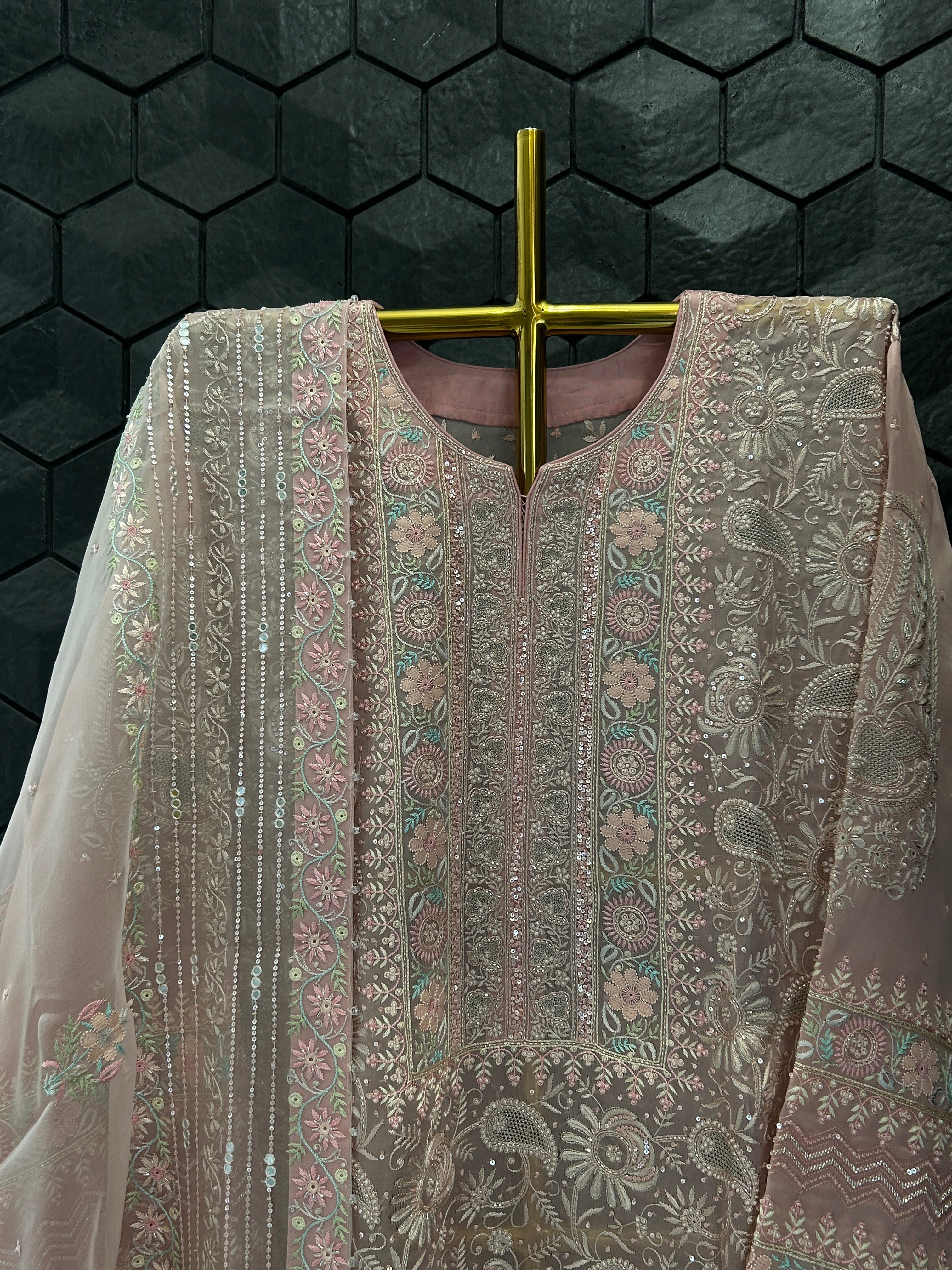 Premium Pink Organza Chikankari Kurta Set