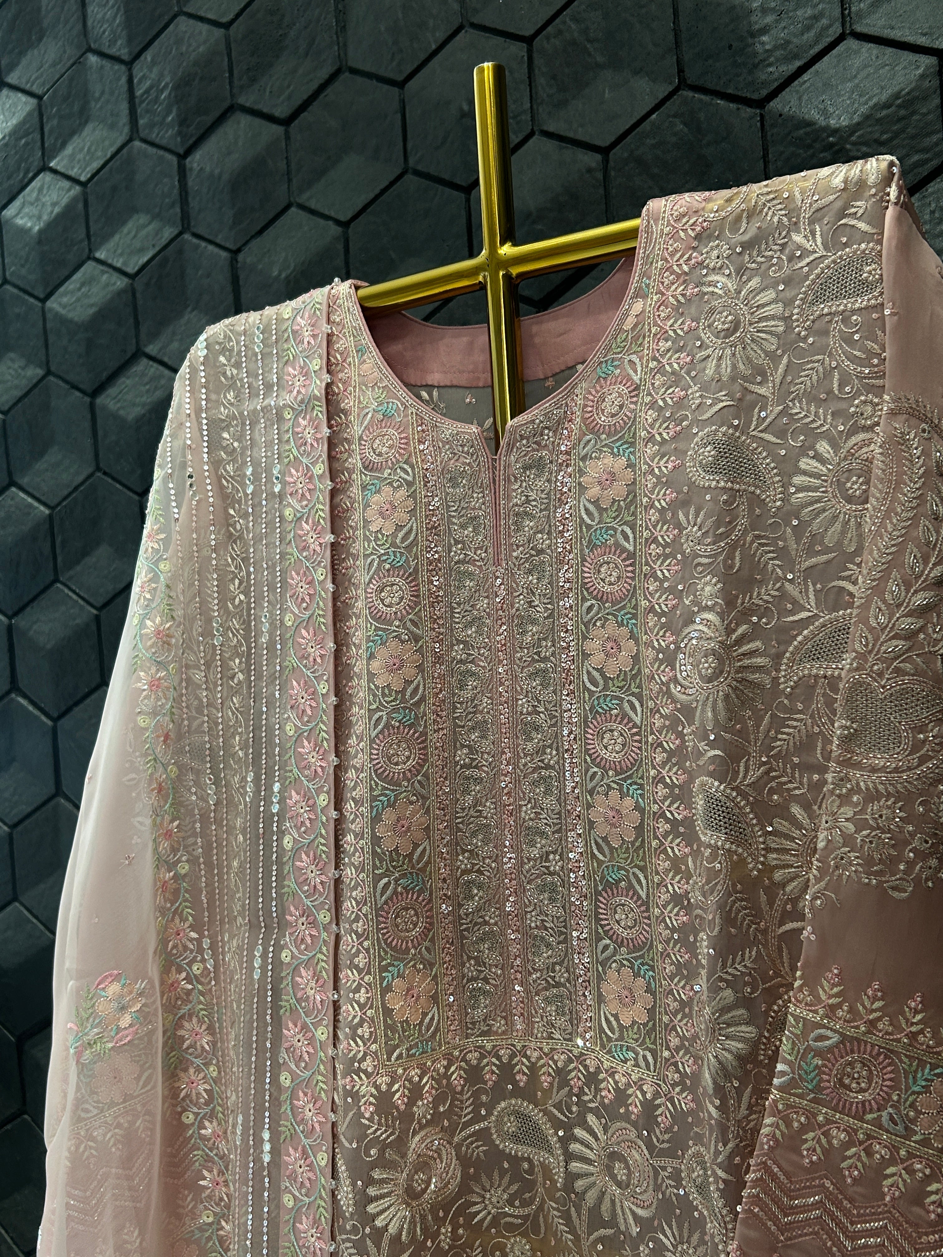 Premium Pink Organza Chikankari Kurta Set
