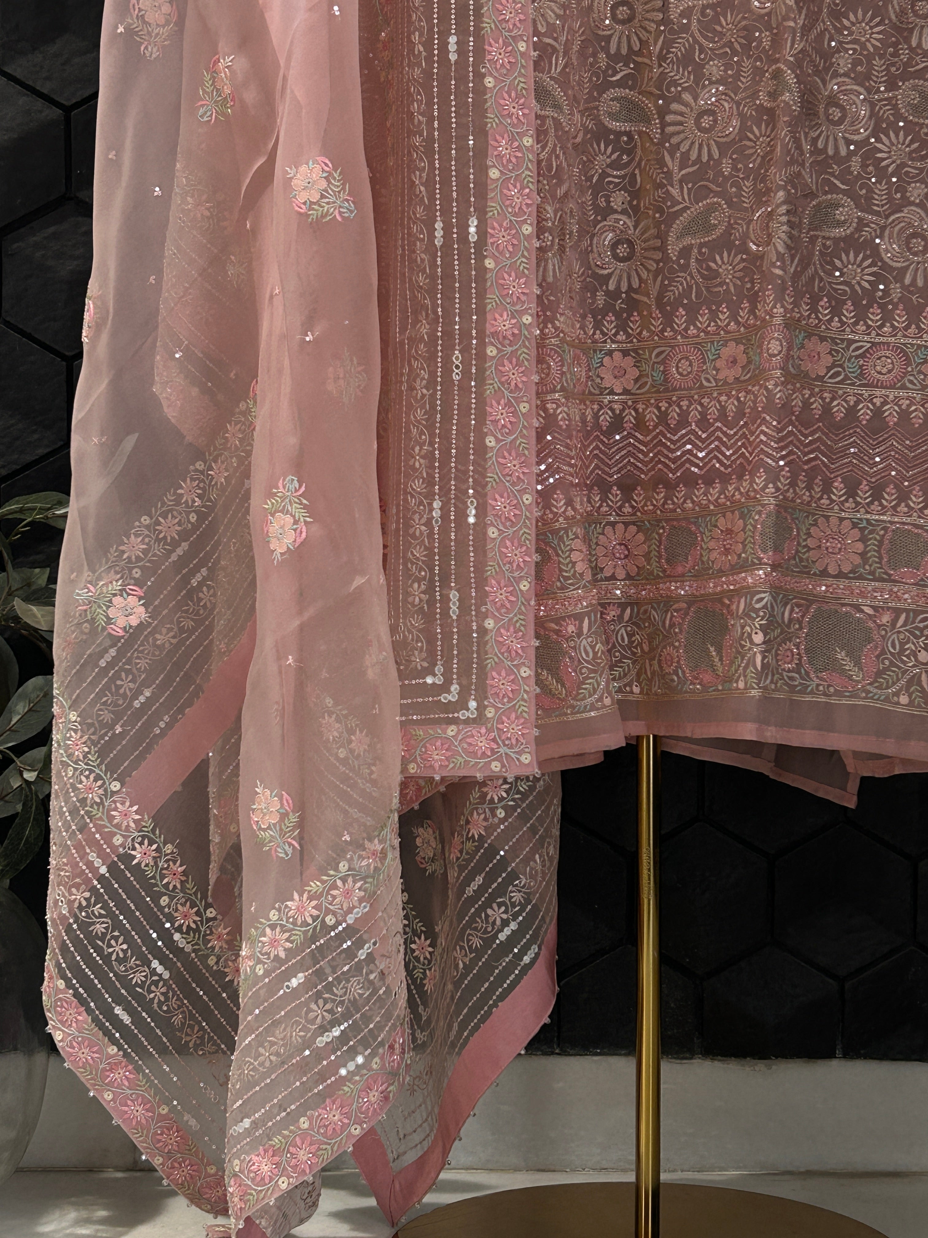 Premium Pink Organza Chikankari Kurta Set