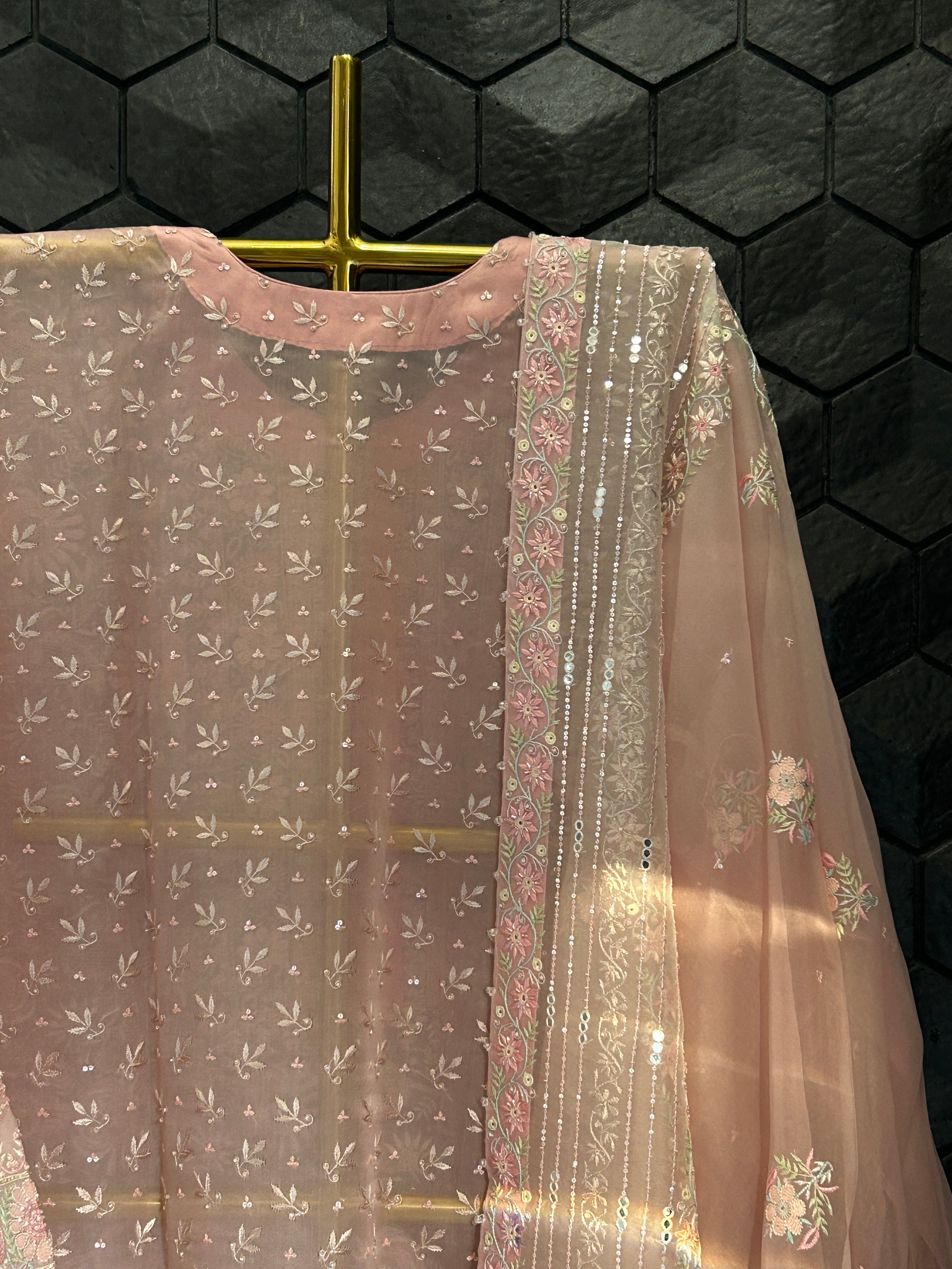 Premium Pink Organza Chikankari Kurta Set