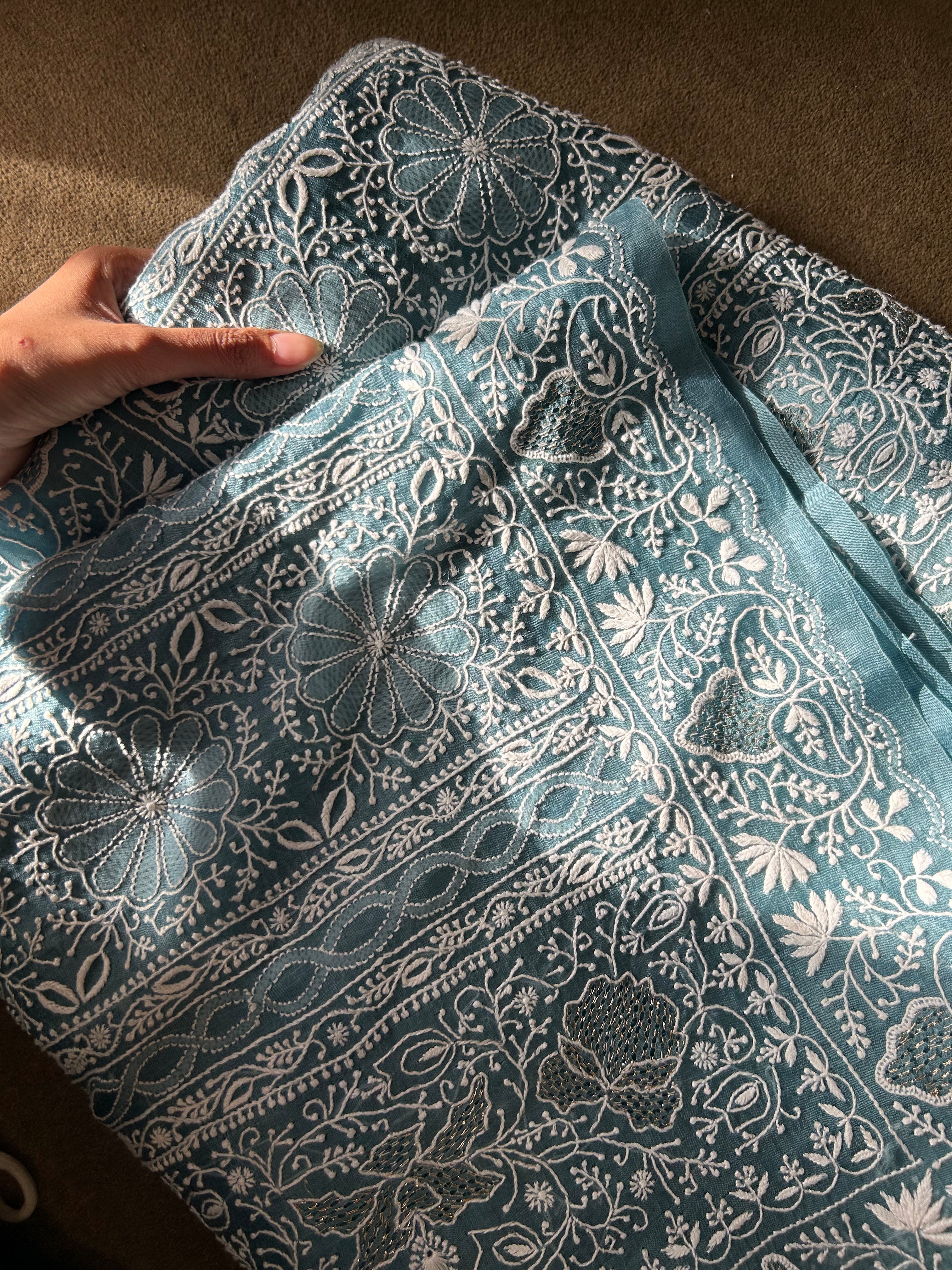 Exclusive Teal Blue Organza Chikankari Saree with statement paan boota