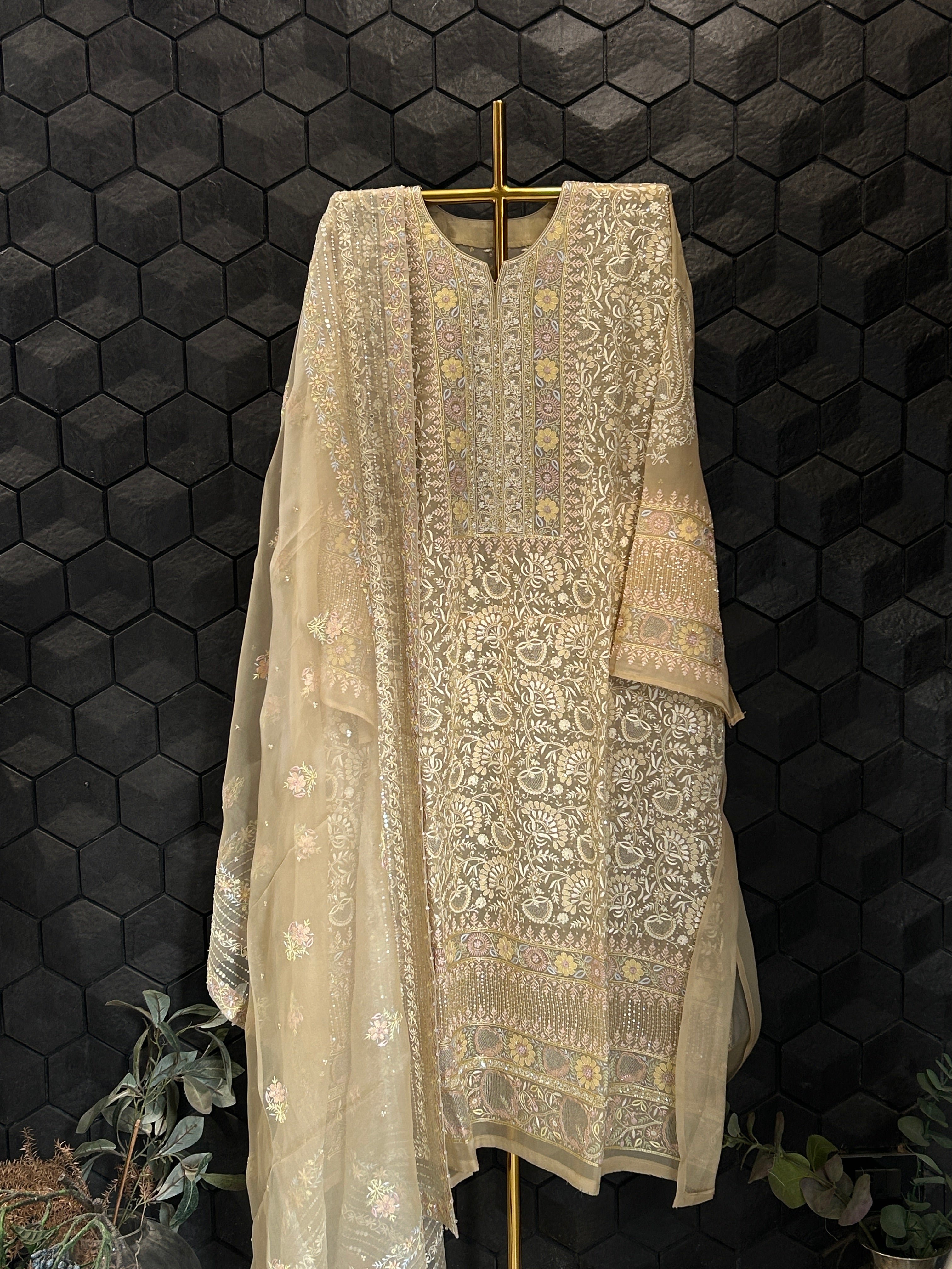 Premium Green Organza Chikankari Kurta Set