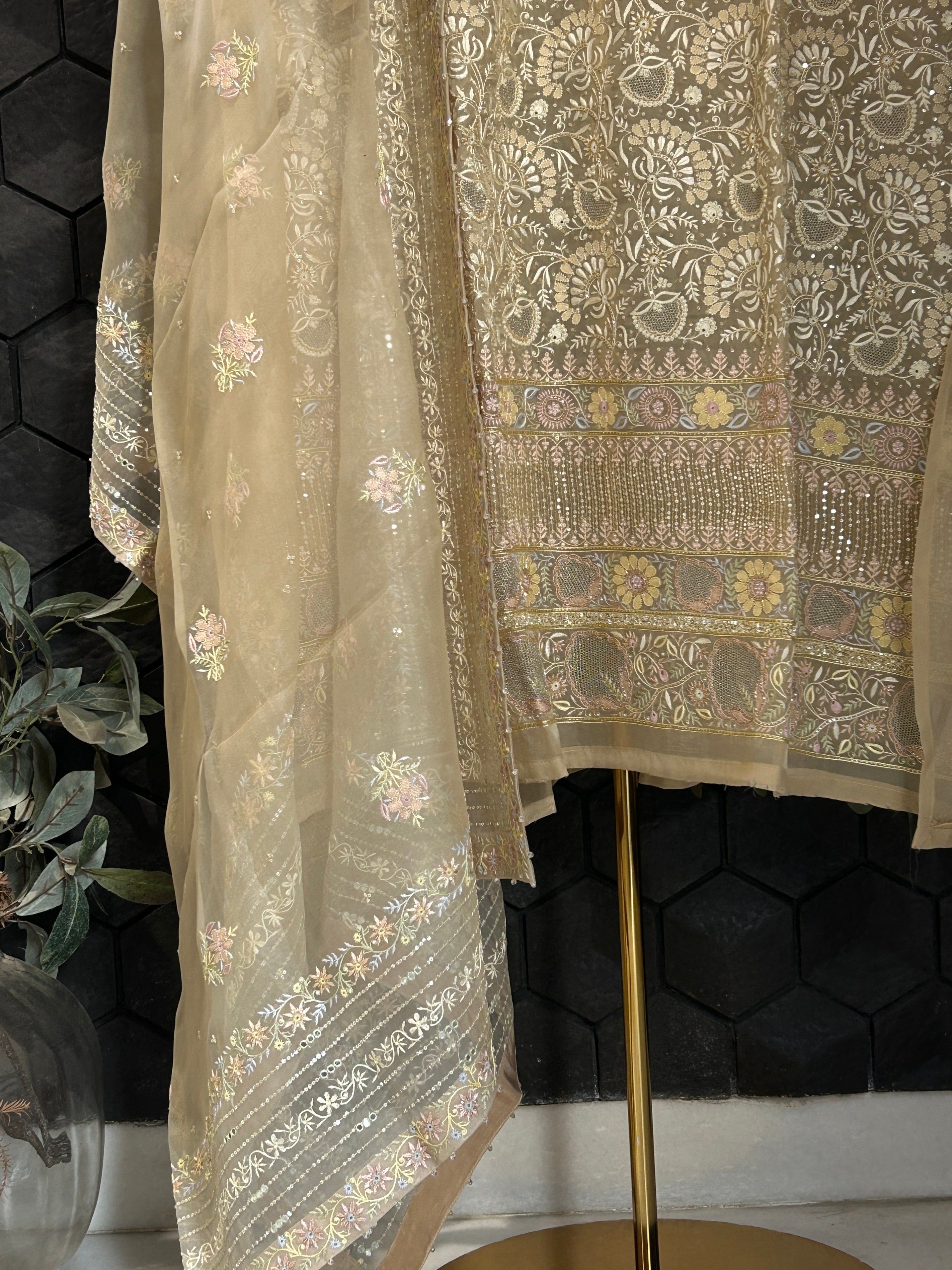 Premium Green Organza Chikankari Kurta Set