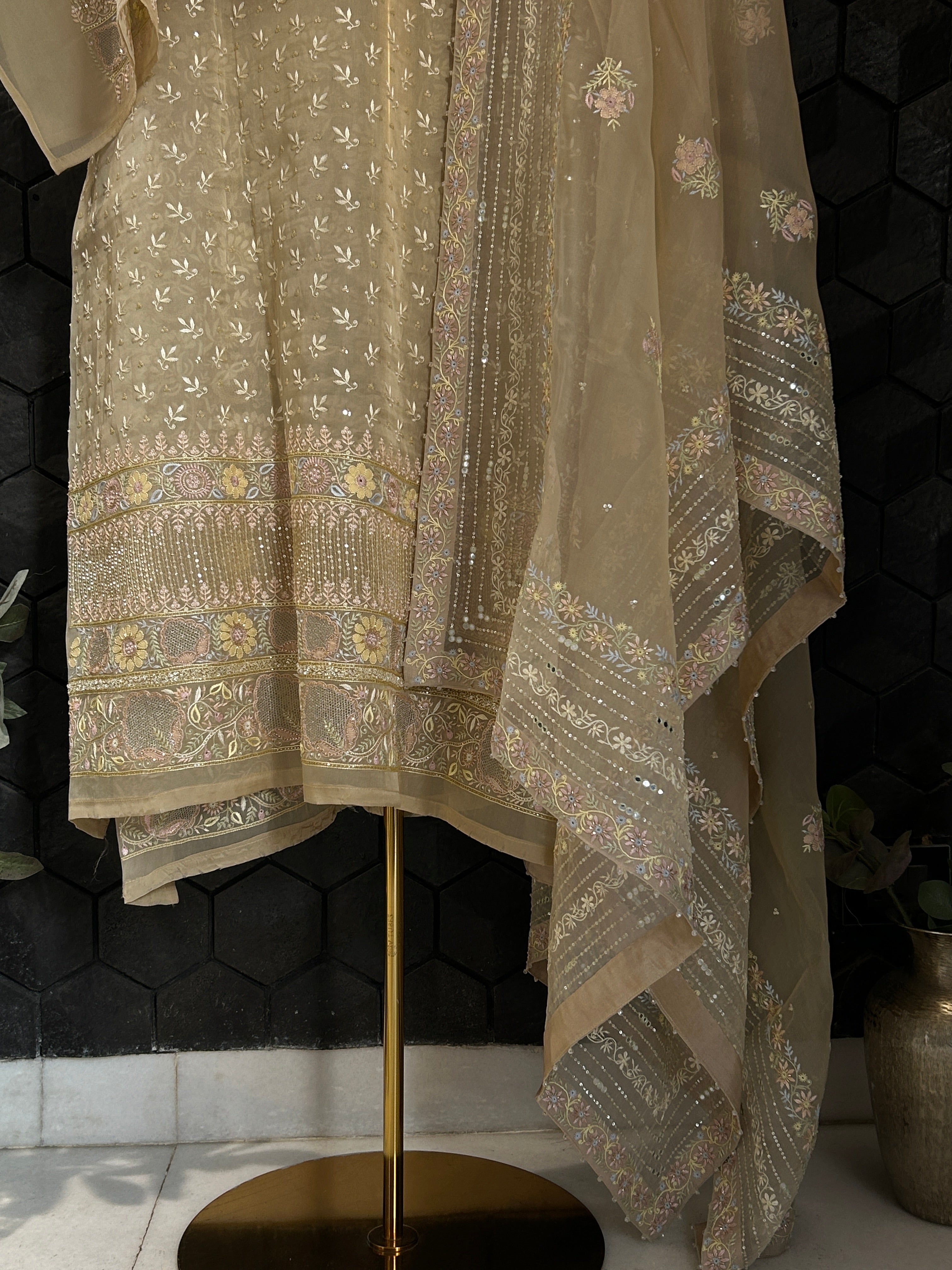 Premium Green Organza Chikankari Kurta Set