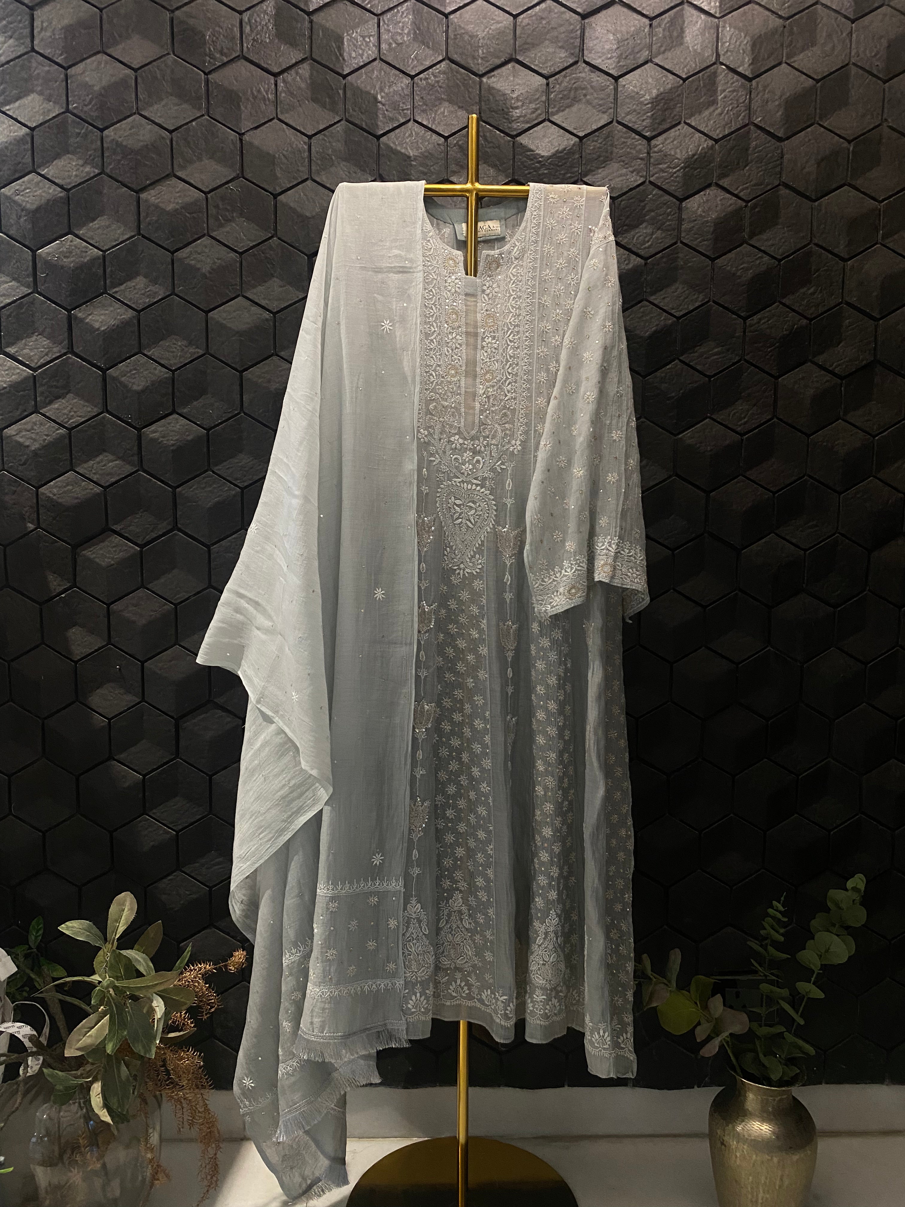 Powder Blue Mul Chanderi Chikankari Anarkali Set