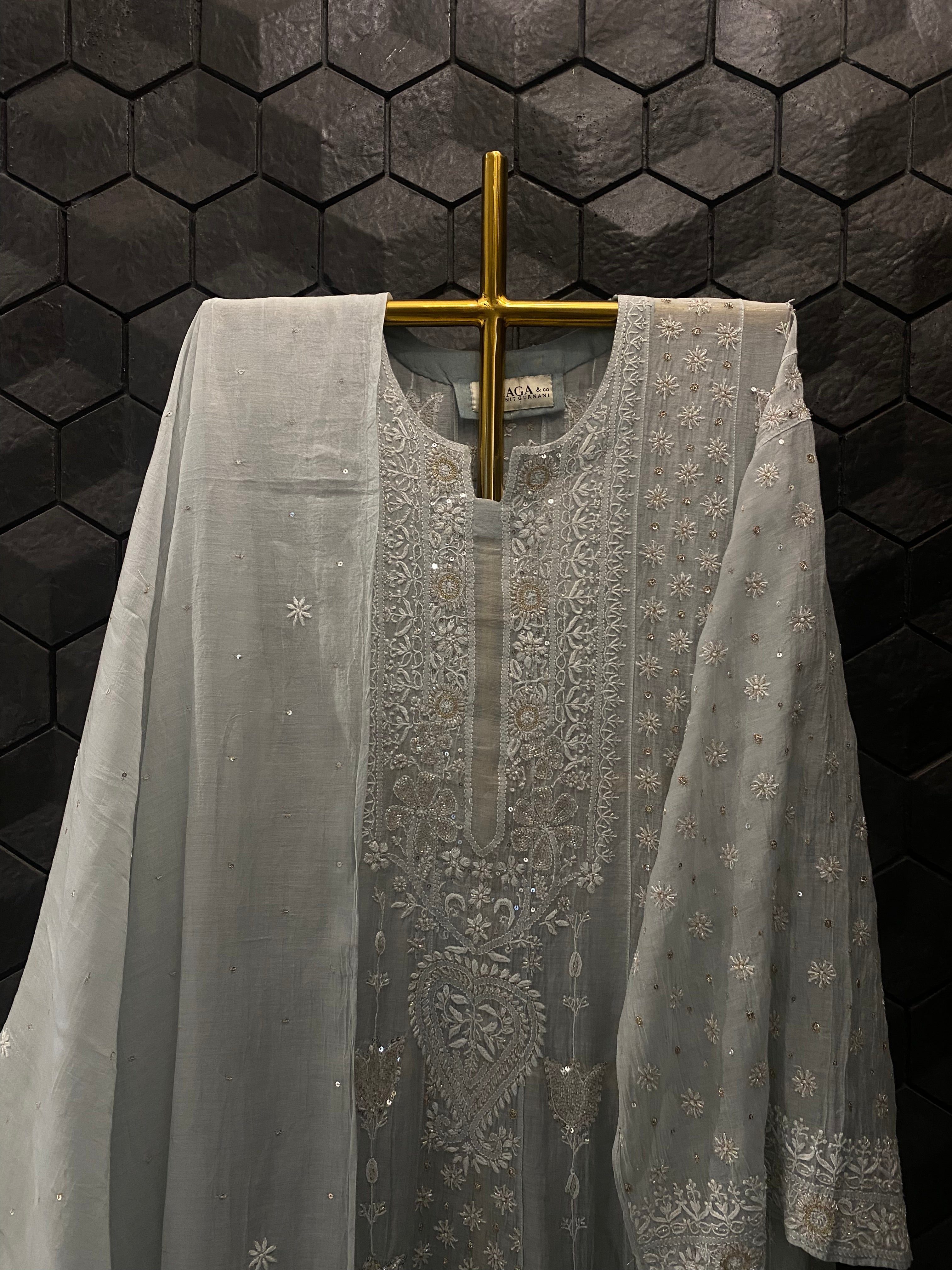 Powder Blue Mul Chanderi Chikankari Anarkali Set