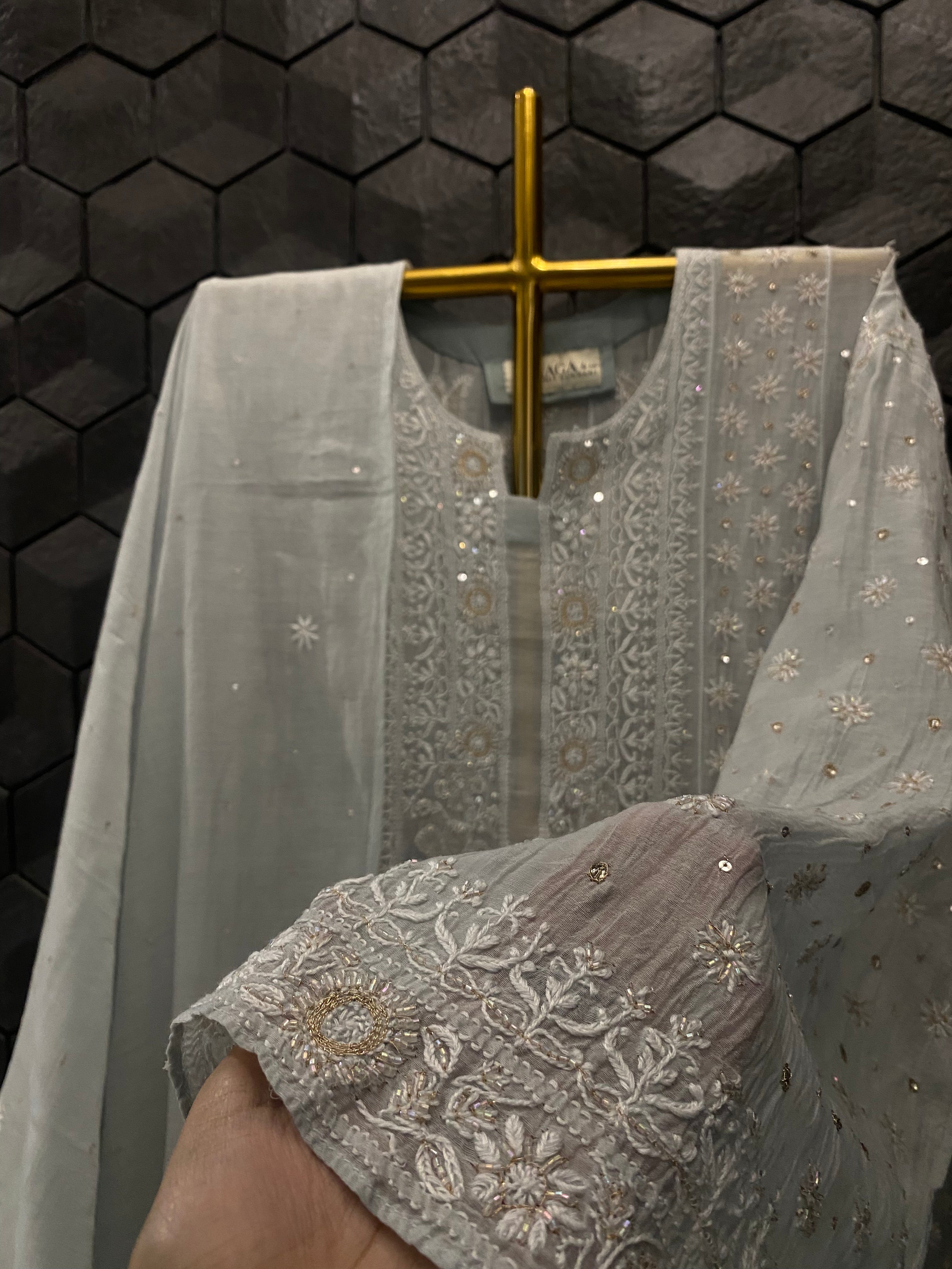 Powder Blue Mul Chanderi Chikankari Anarkali Set