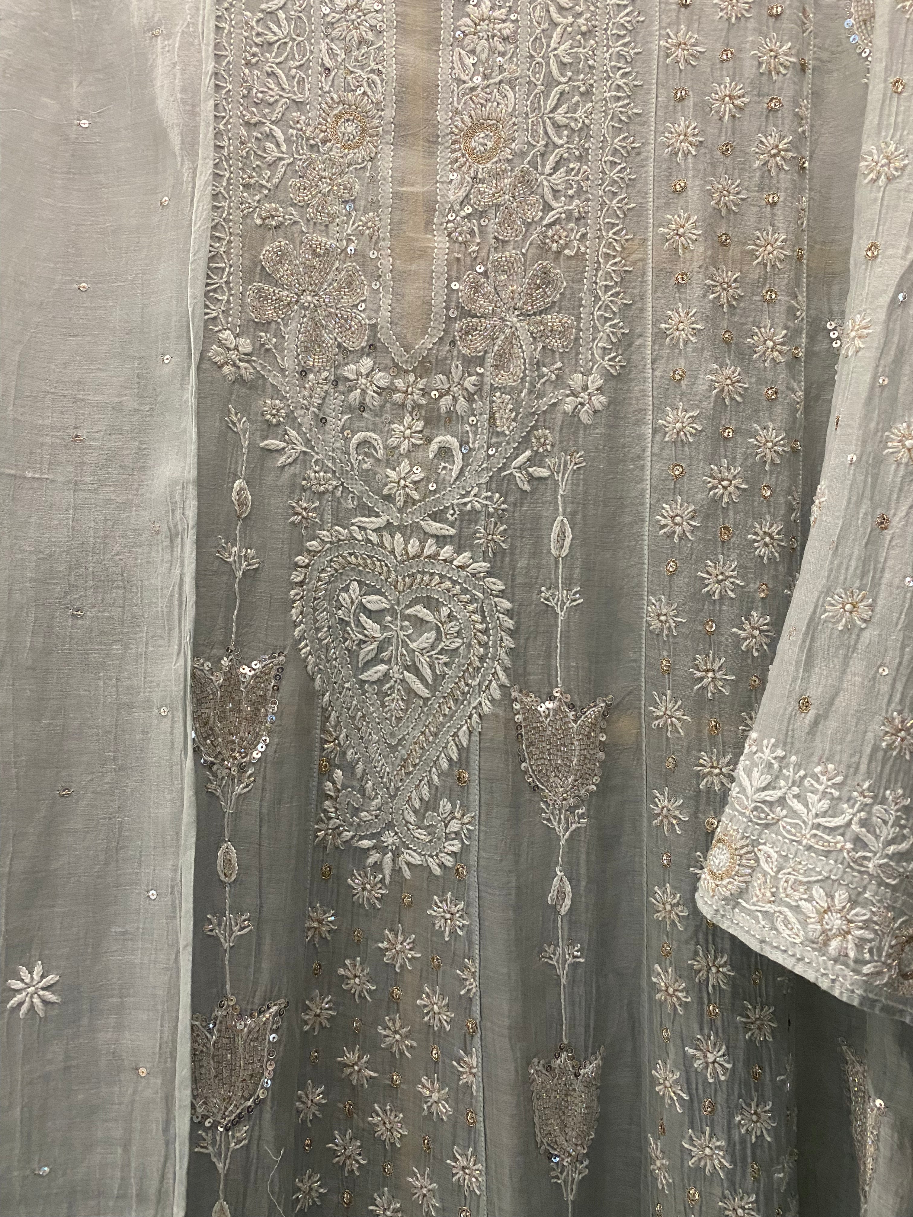 Powder Blue Mul Chanderi Chikankari Anarkali Set