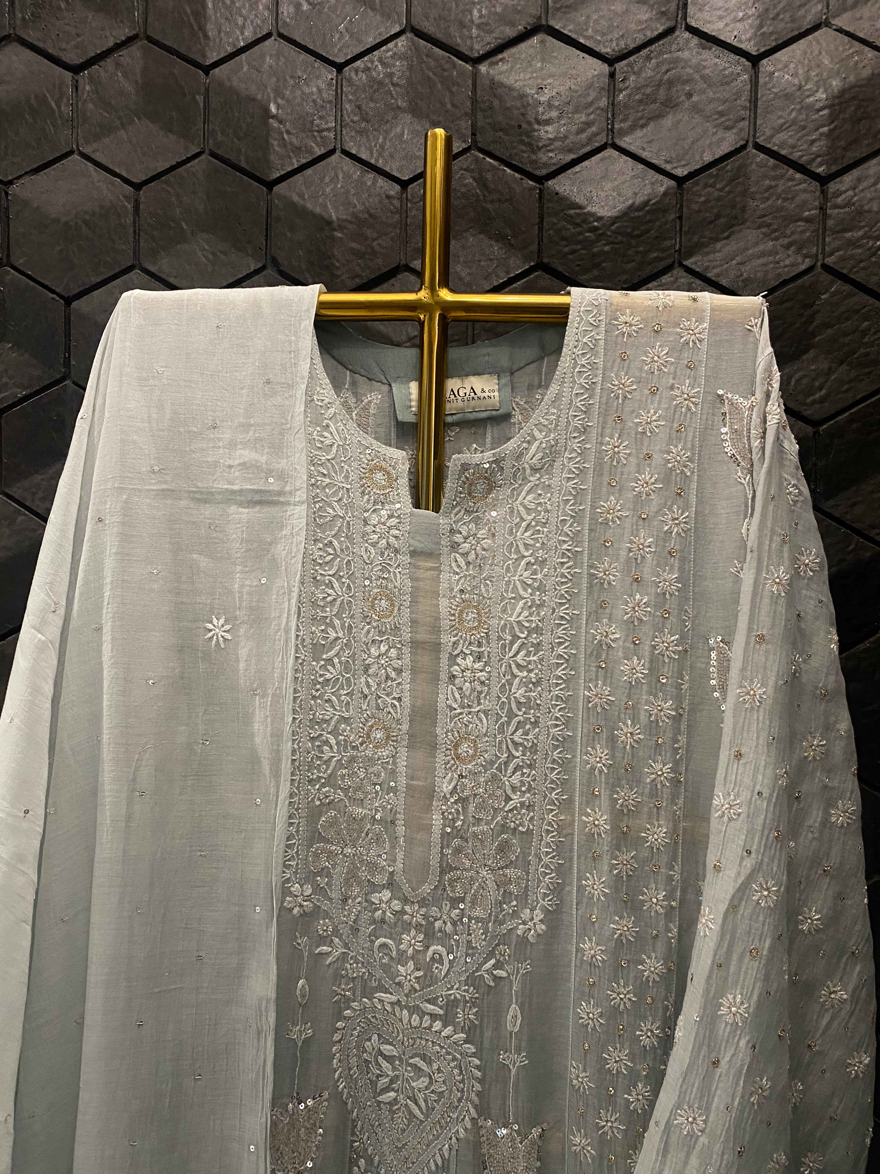 Powder Blue Mul Chanderi Chikankari Anarkali Set