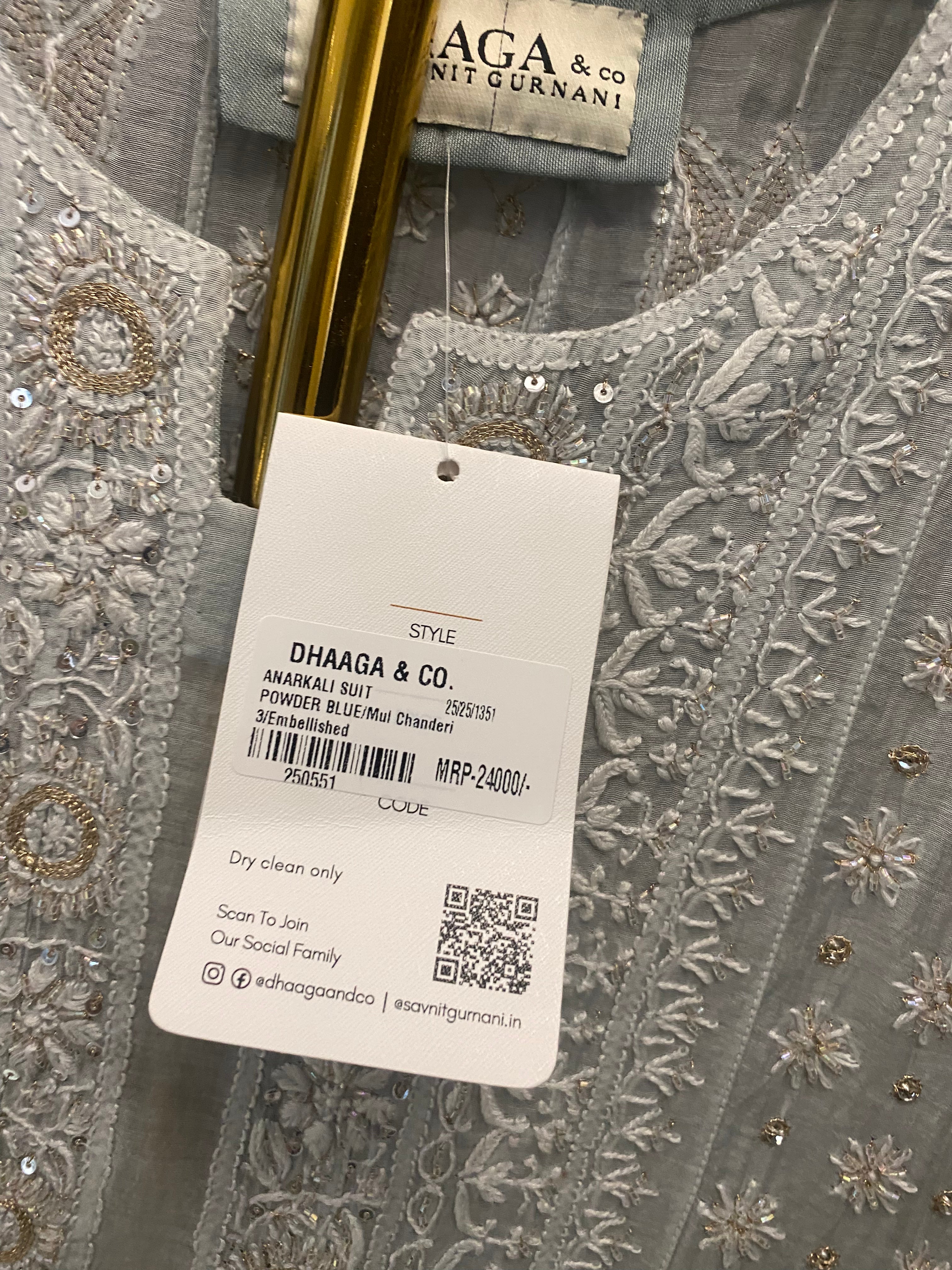 Powder Blue Mul Chanderi Chikankari Anarkali Set