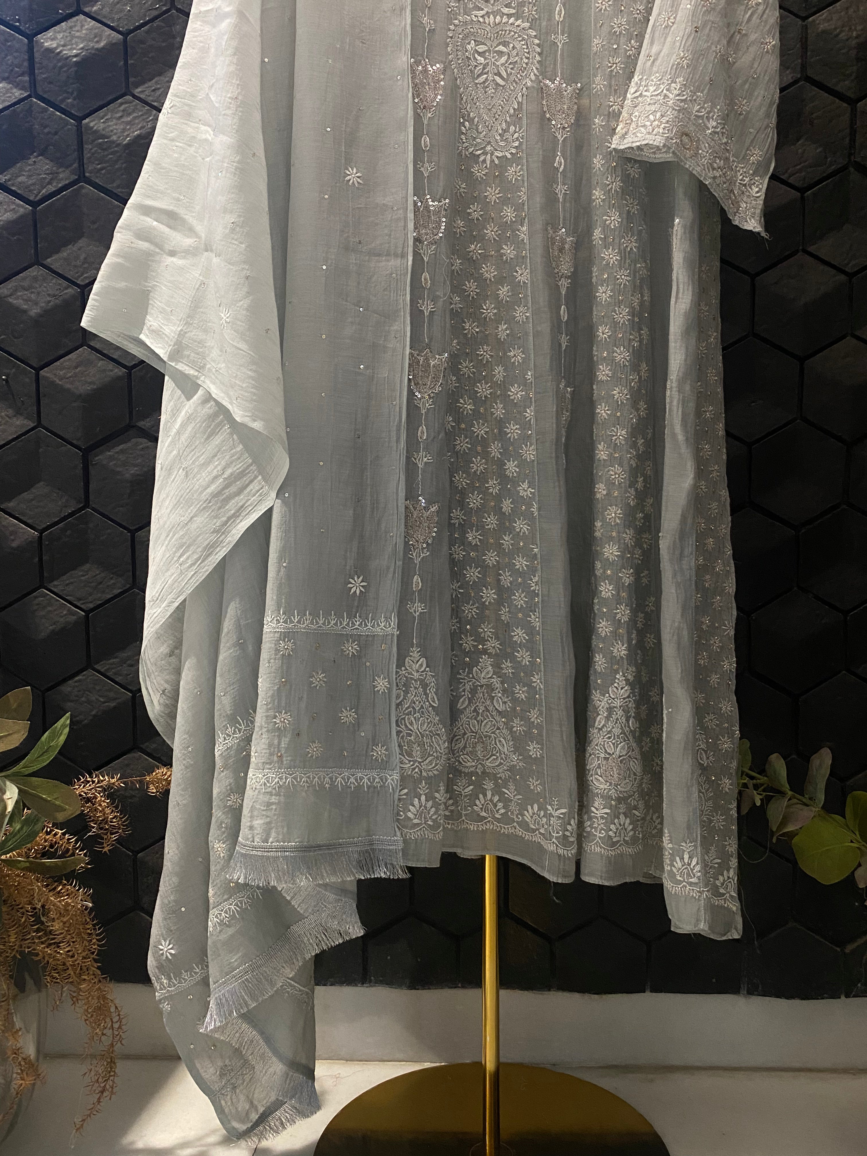 Powder Blue Mul Chanderi Chikankari Anarkali Set
