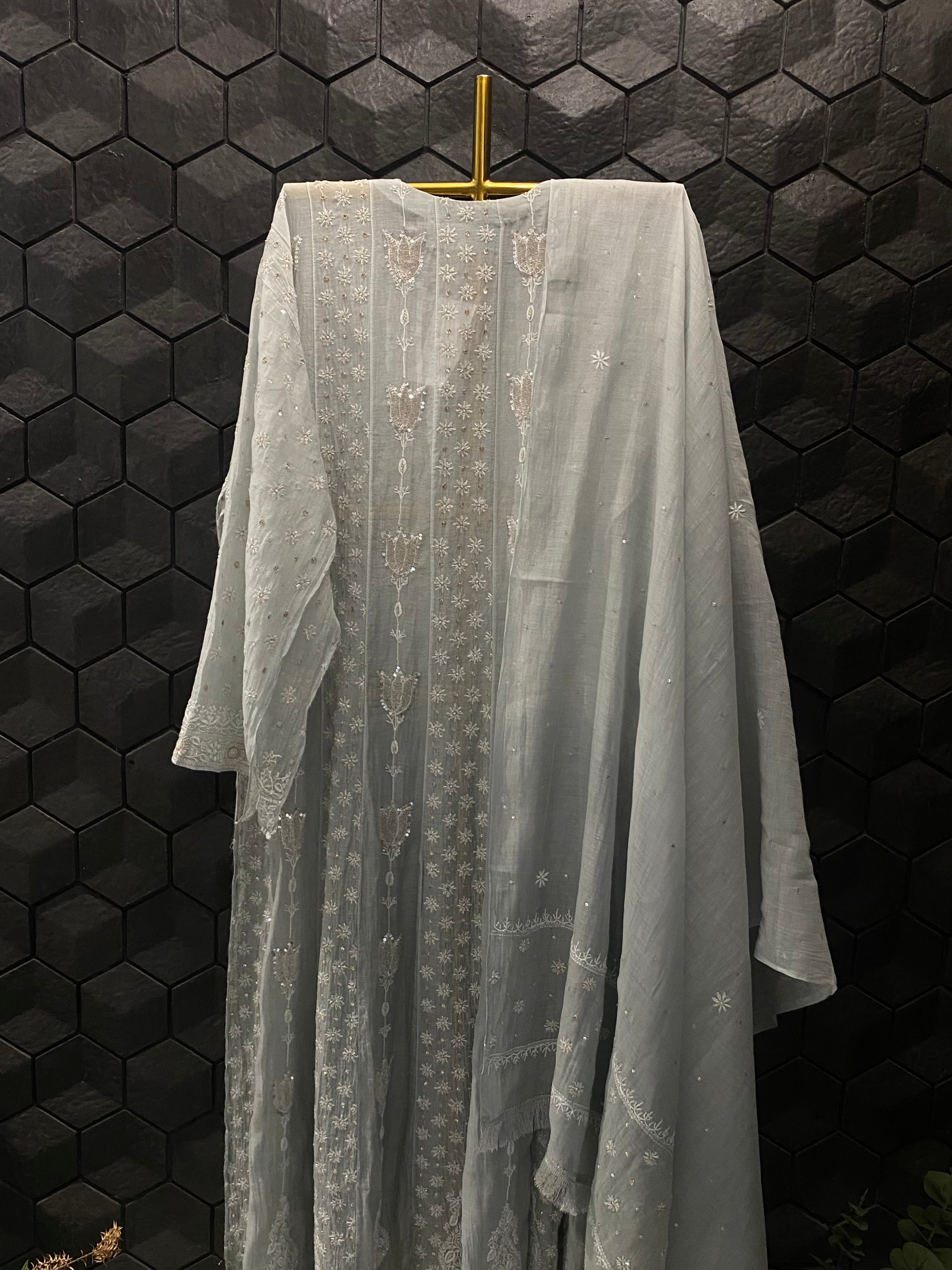 Powder Blue Mul Chanderi Chikankari Anarkali Set