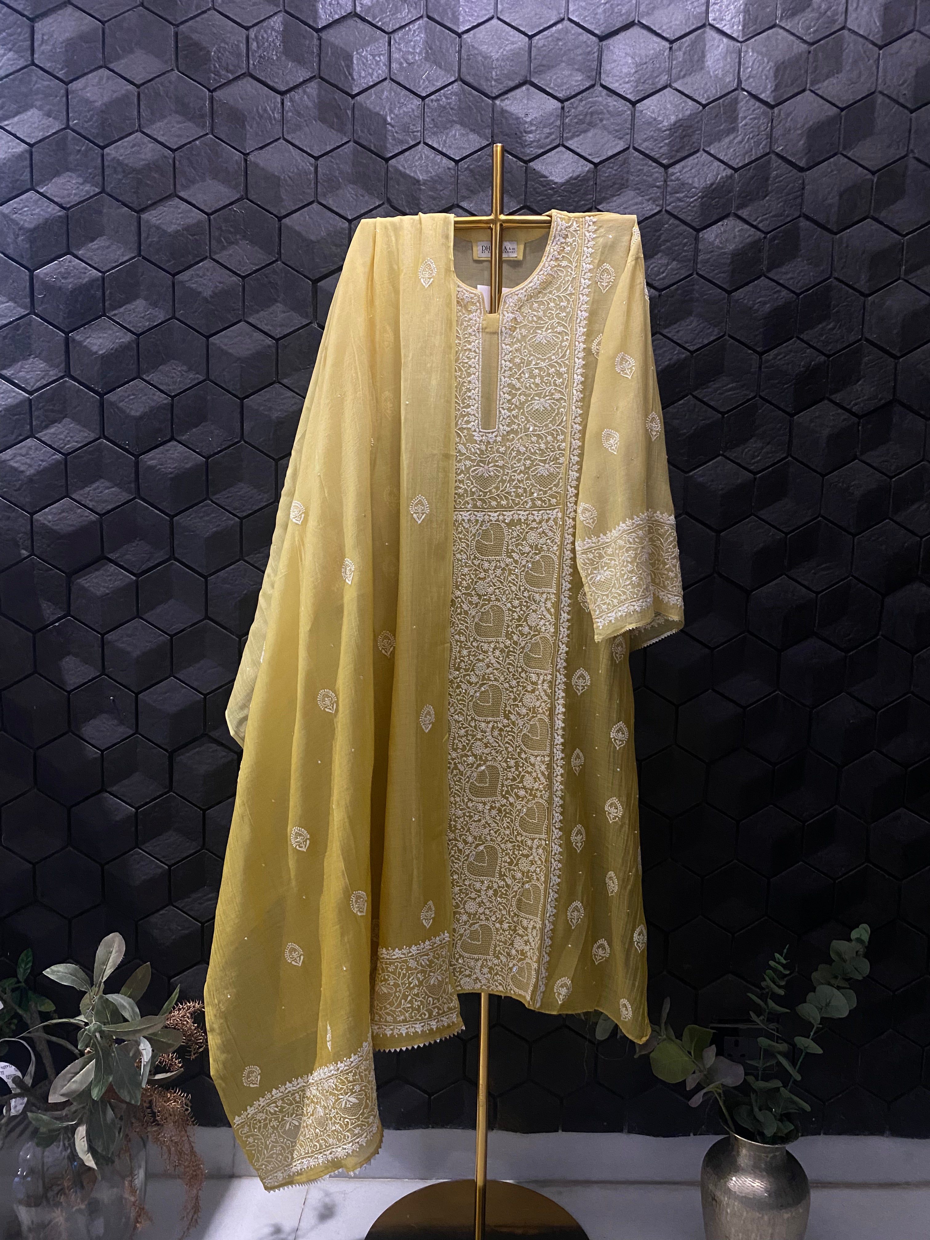 Lime Green Mul Chanderi Chikankari Kurta Set