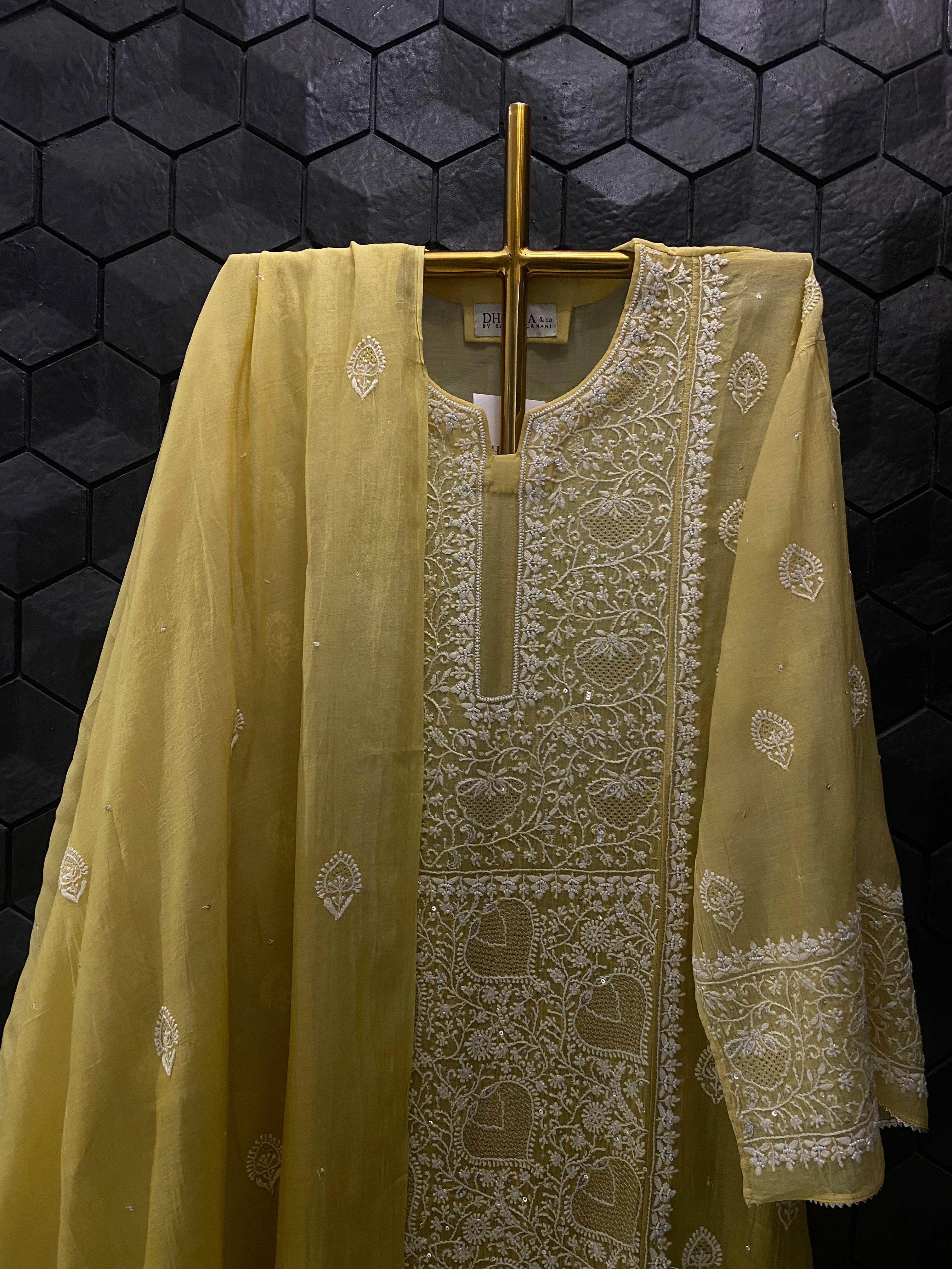 Lime Green Mul Chanderi Chikankari Kurta Set