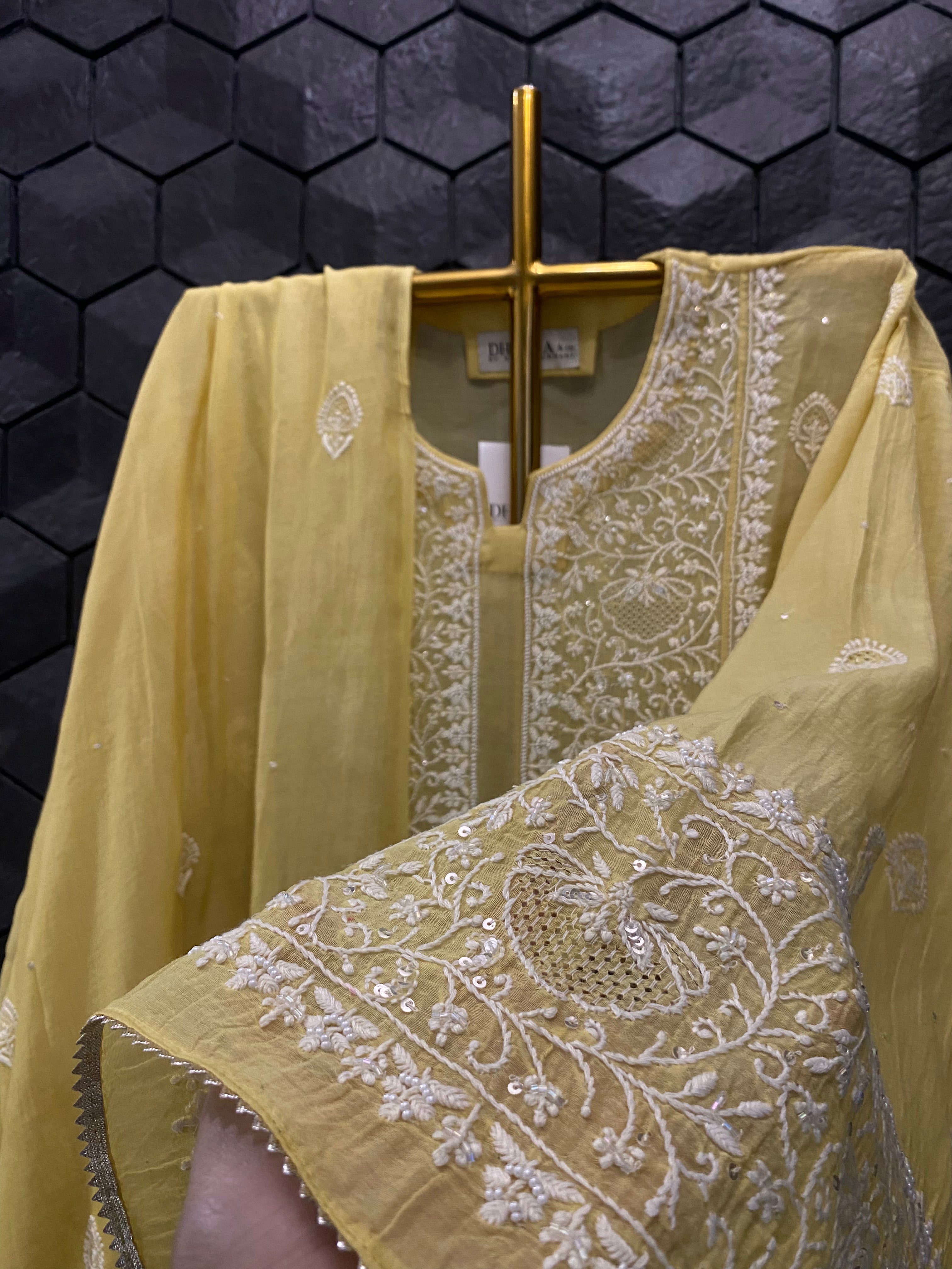 Lime Green Mul Chanderi Chikankari Kurta Set