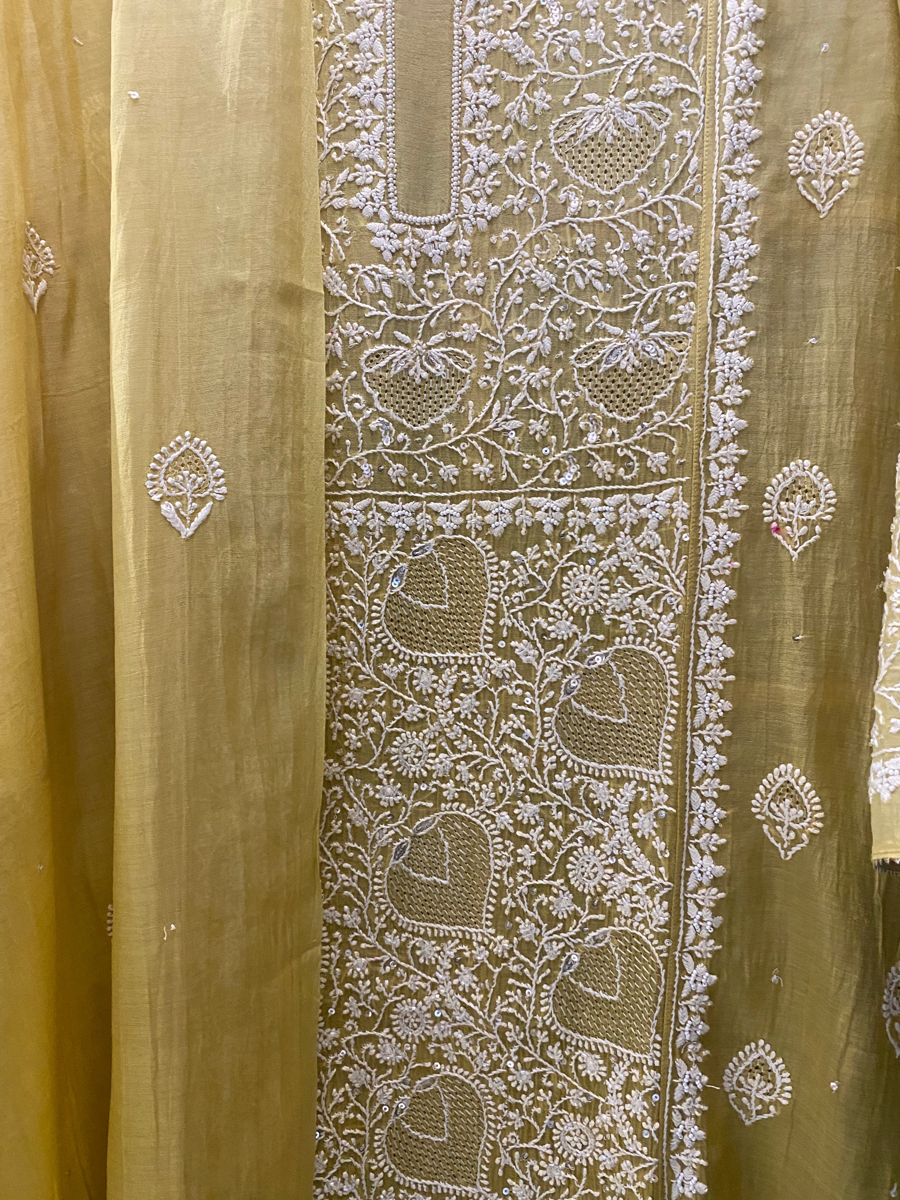 Lime Green Mul Chanderi Chikankari Kurta Set