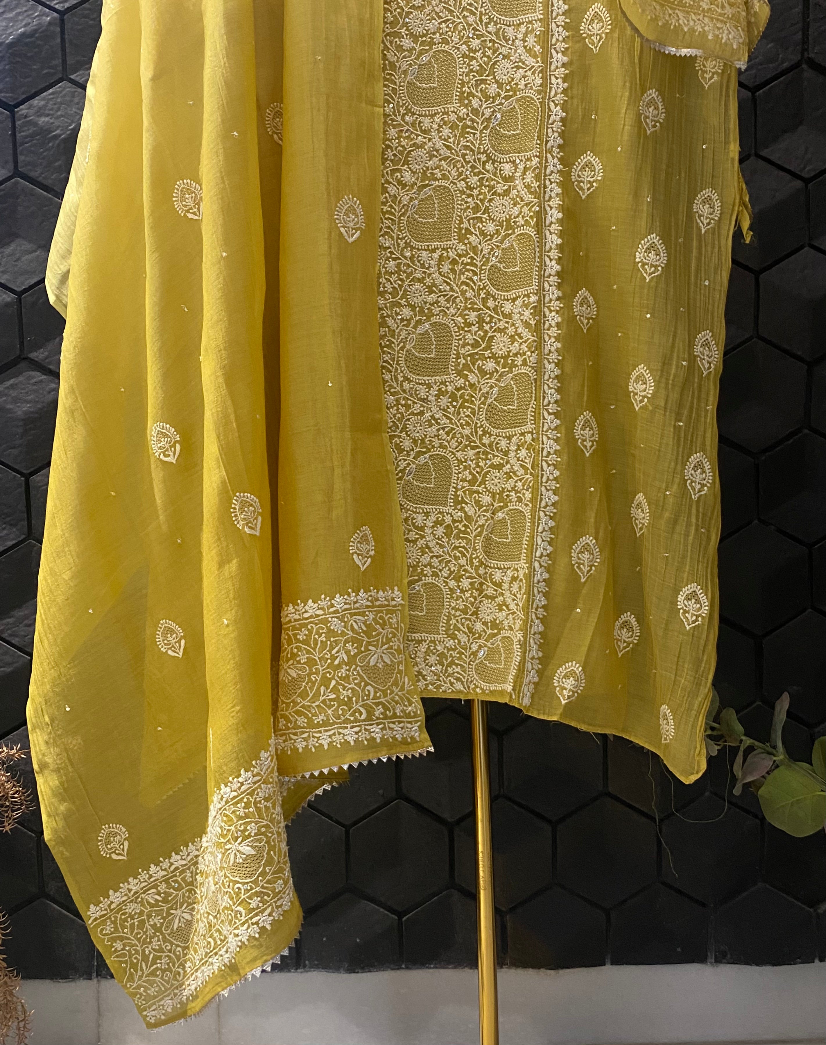 Lime Green Mul Chanderi Chikankari Kurta Set