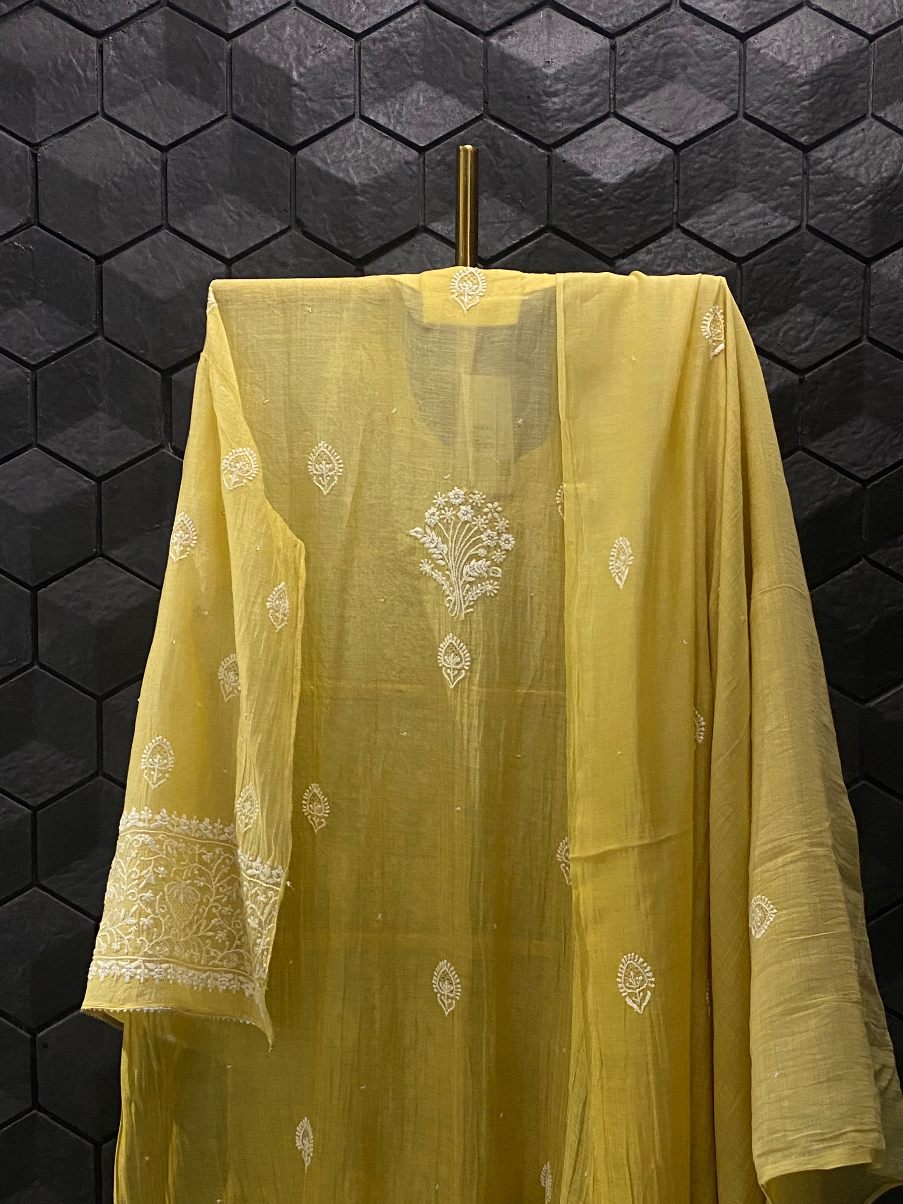 Lime Green Mul Chanderi Chikankari Kurta Set