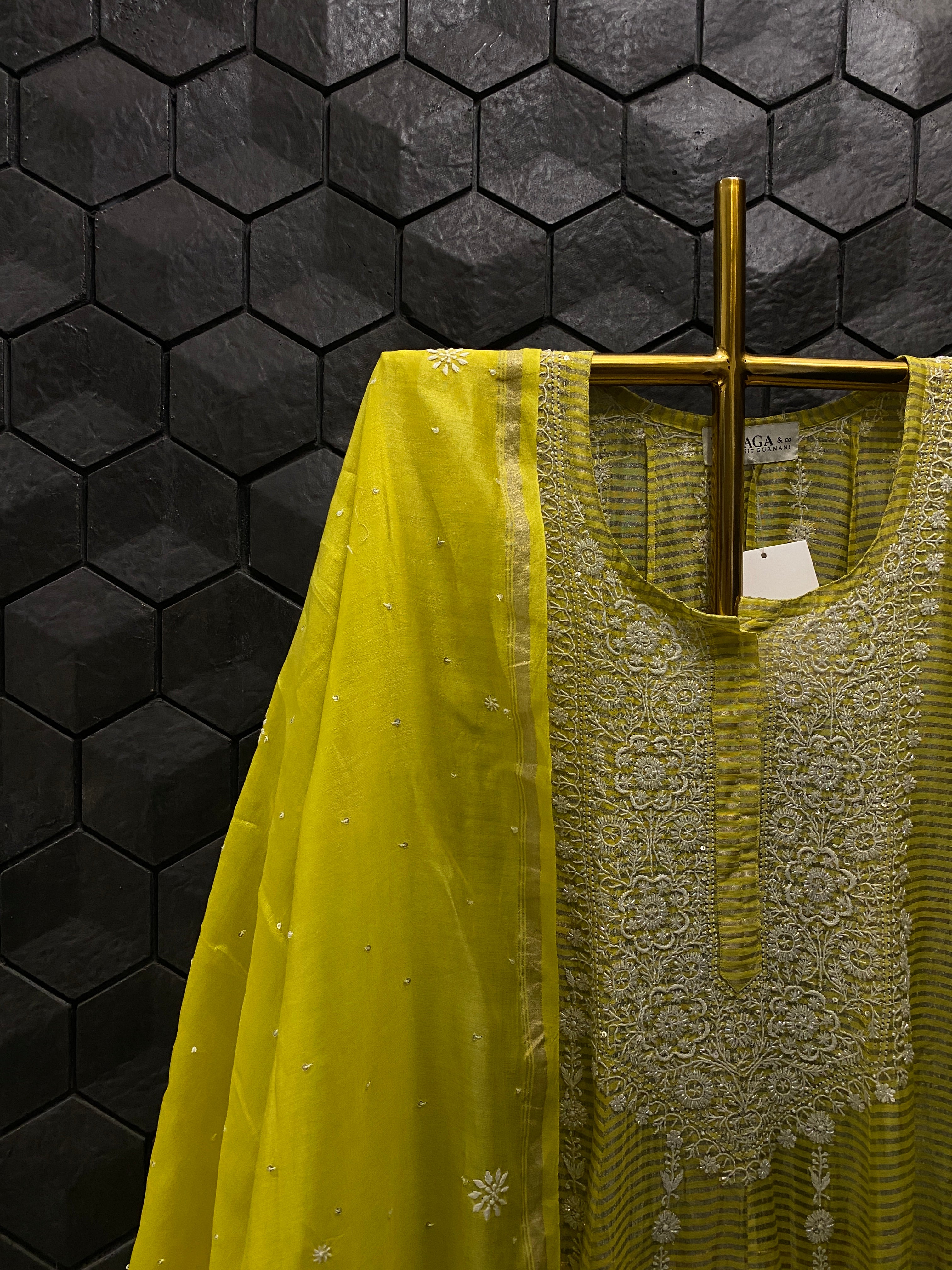 Lime Green Striped Tissue Chikankari Anarkali Set