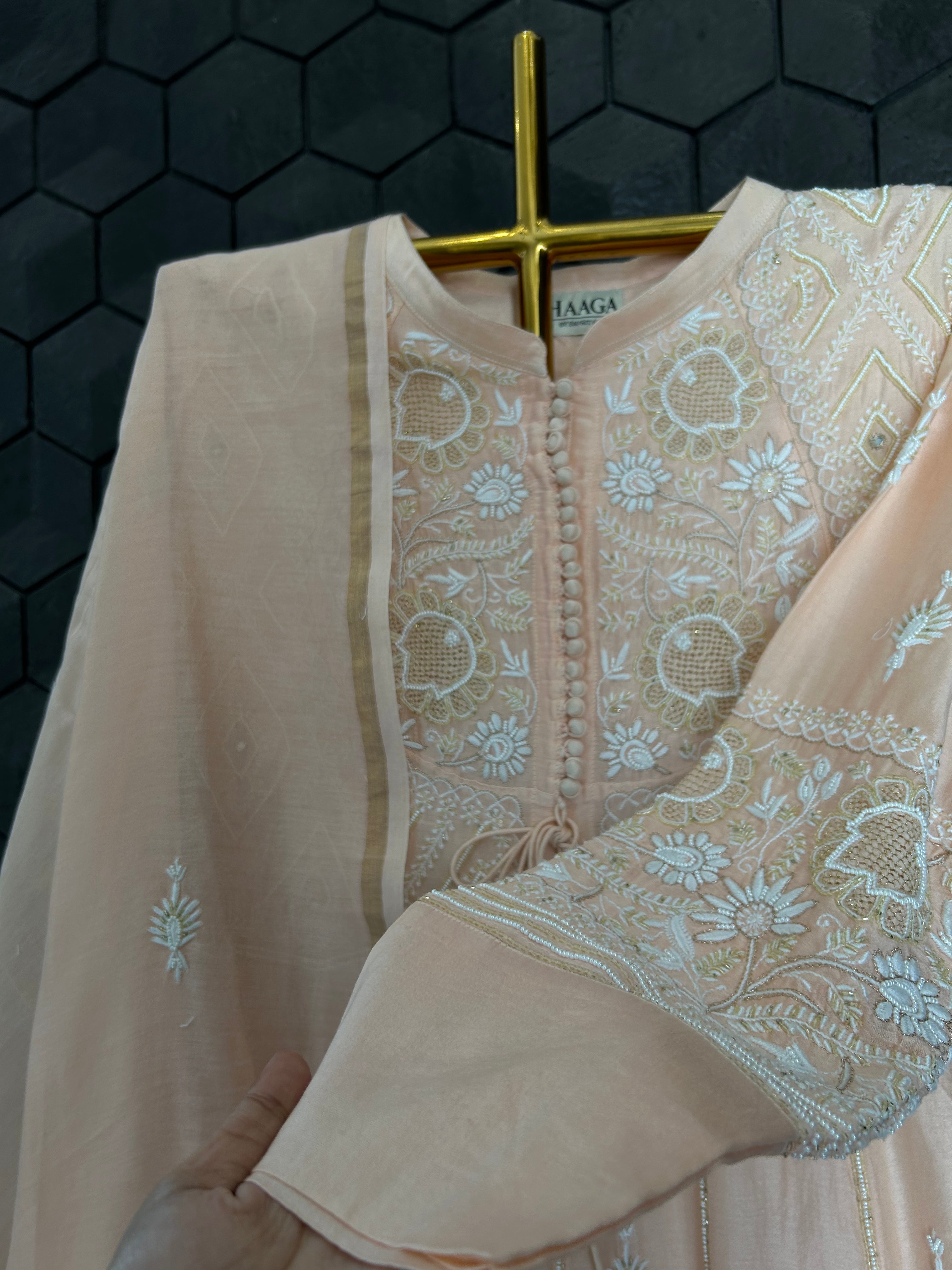 Peach Chanderi Anarkali Set with Cutdana Embellishments