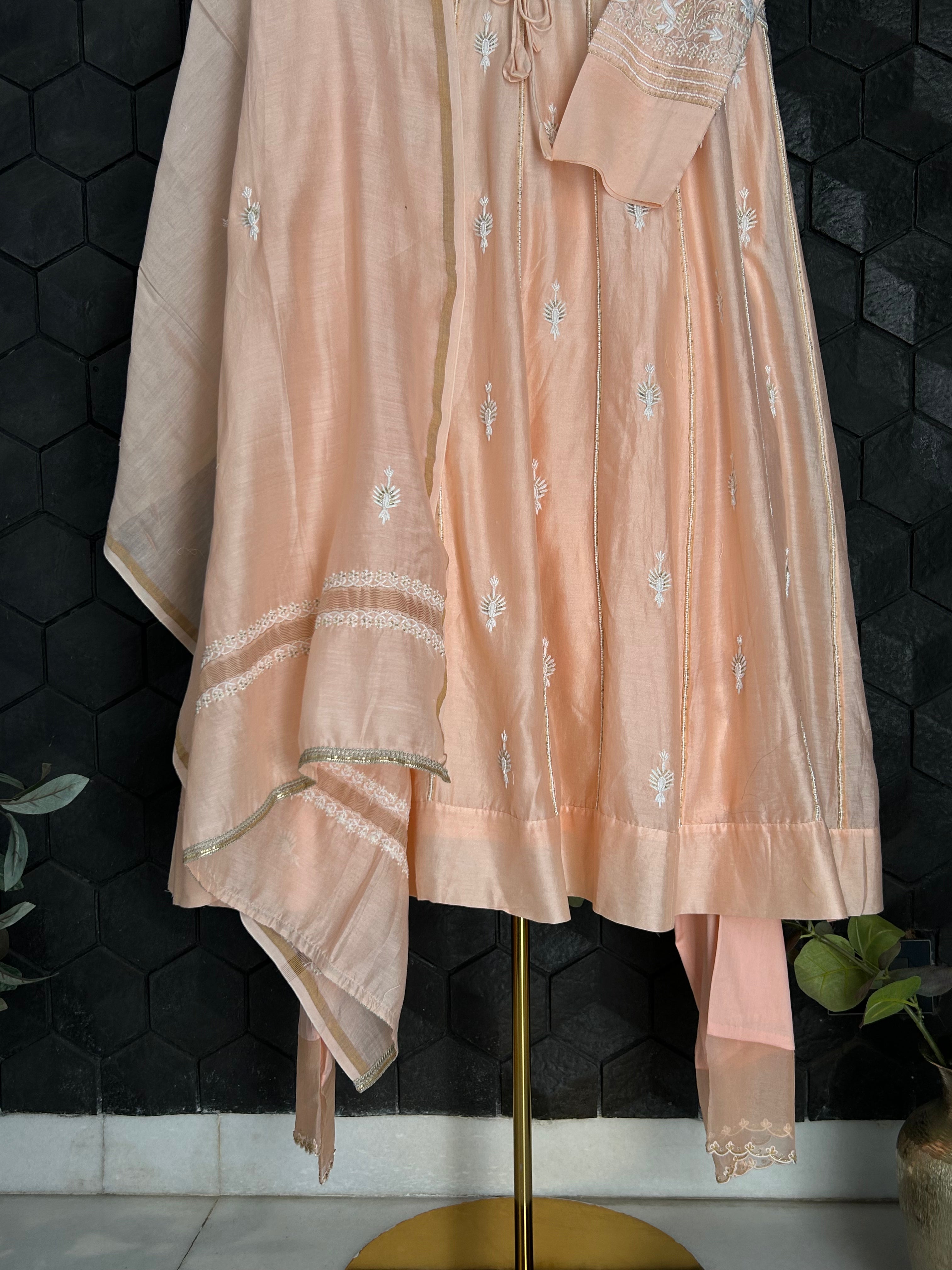 Peach Chanderi Anarkali Set with Cutdana Embellishments