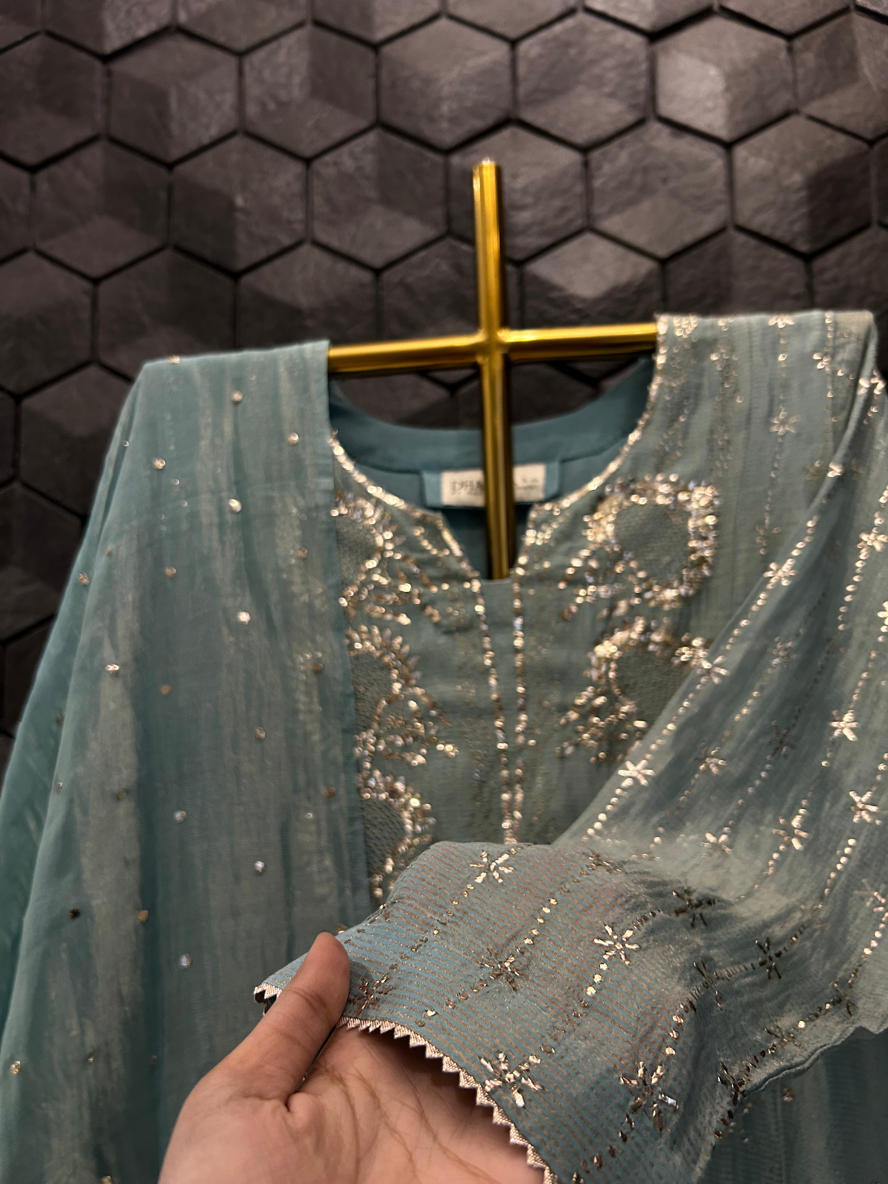 Green Golden Tissue Mukaish Suit Set