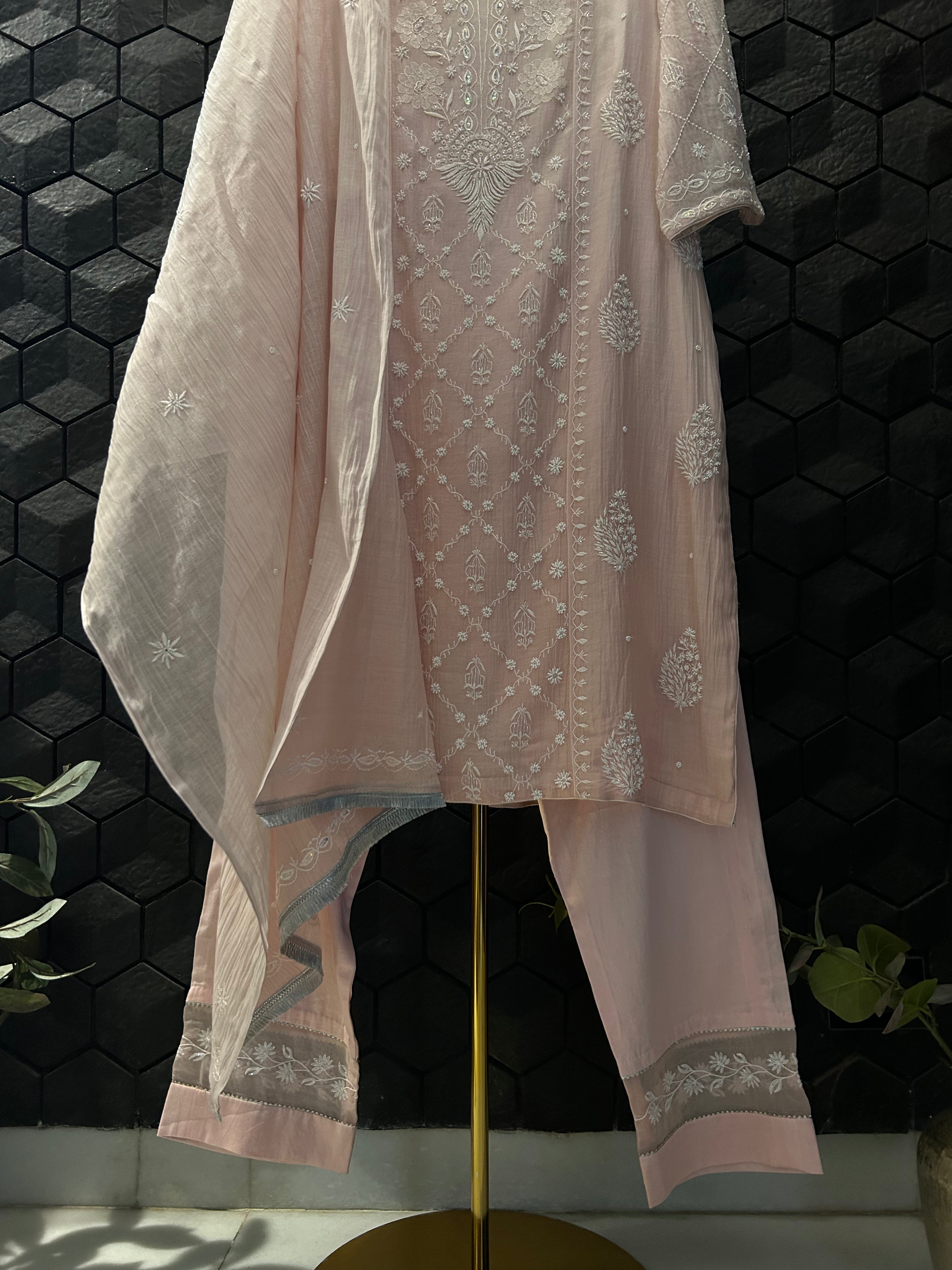 Pink Mul Chanderi Chikankari Suit Set