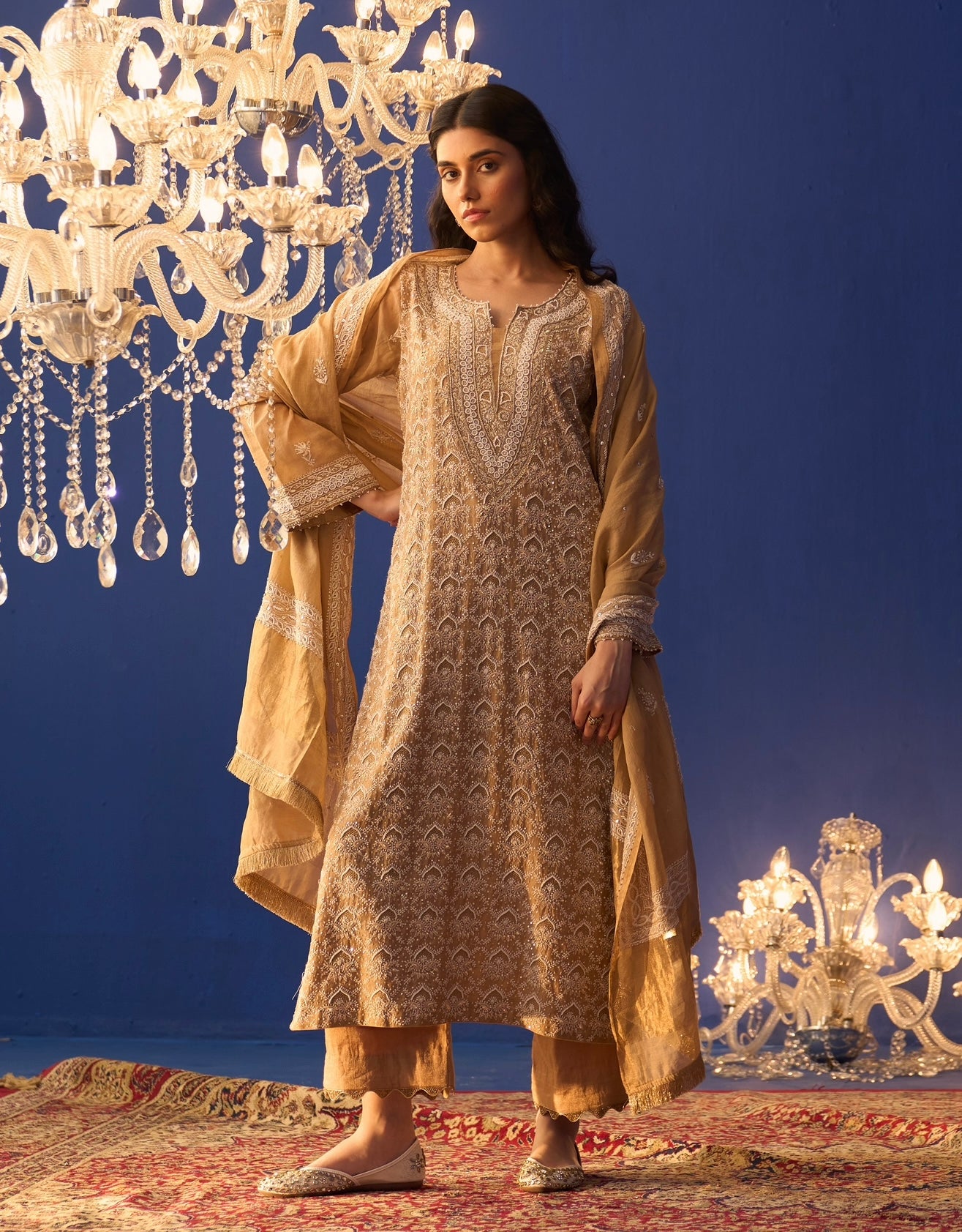 Heavy Tissue Chikankari Straight Kurta Set with Pallazo Pants