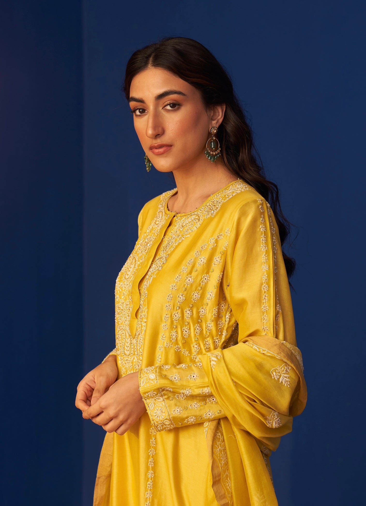Lemon Yellow Chanderi Chikankari Heavy Embellished Anarkali Set