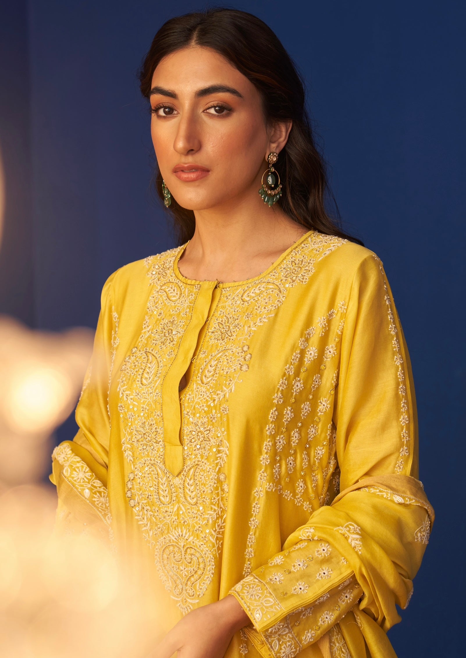 Lemon Yellow Chanderi Chikankari Heavy Embellished Anarkali Set