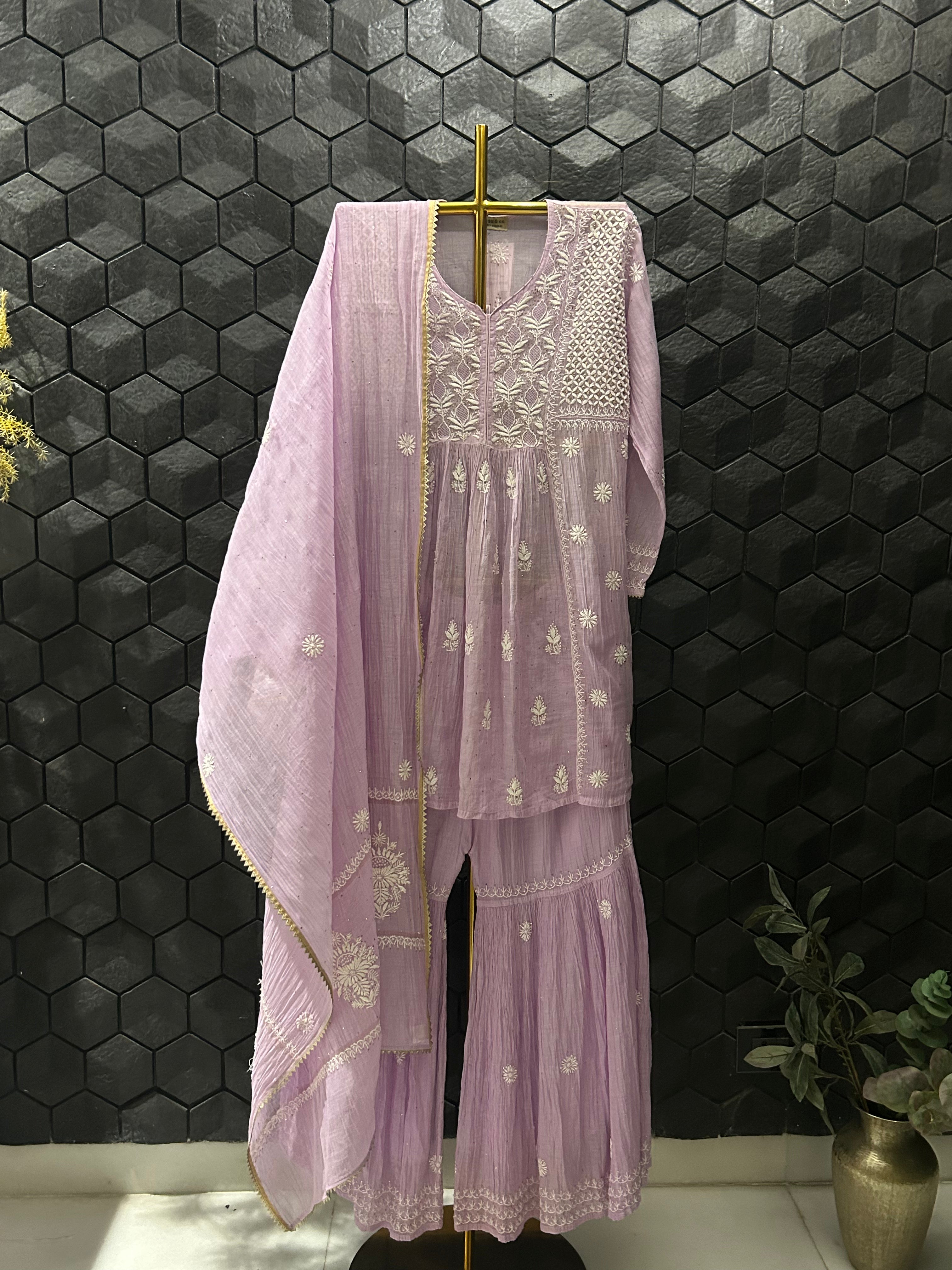 Lavender Mul Chanderi Chikankari Garara Set