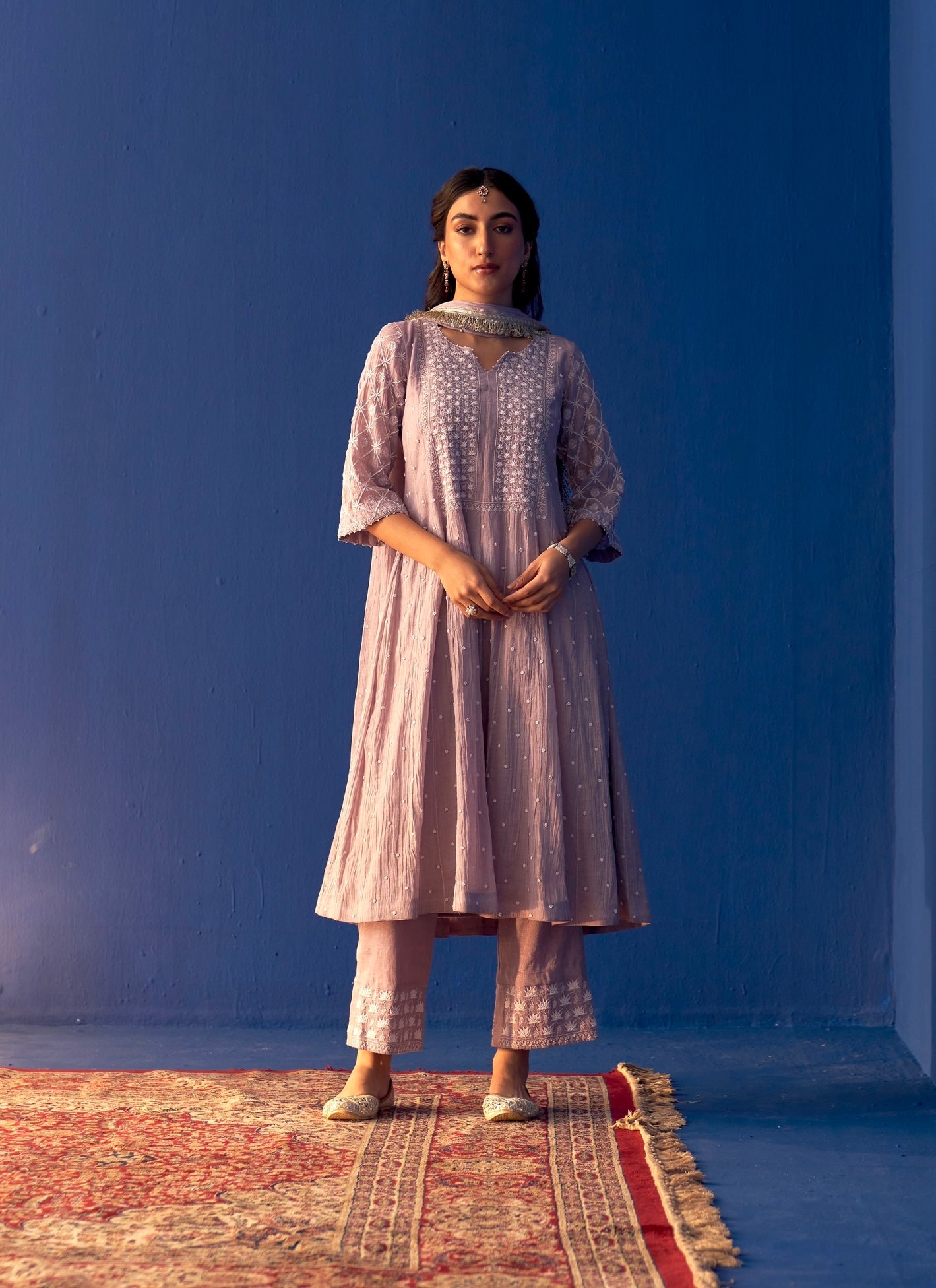Lavender Silver Tissue Chikankari Kalidar Kurta Set