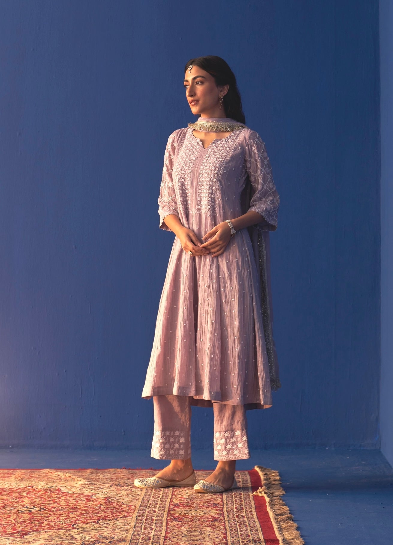 Lavender Silver Tissue Chikankari Kalidar Kurta Set