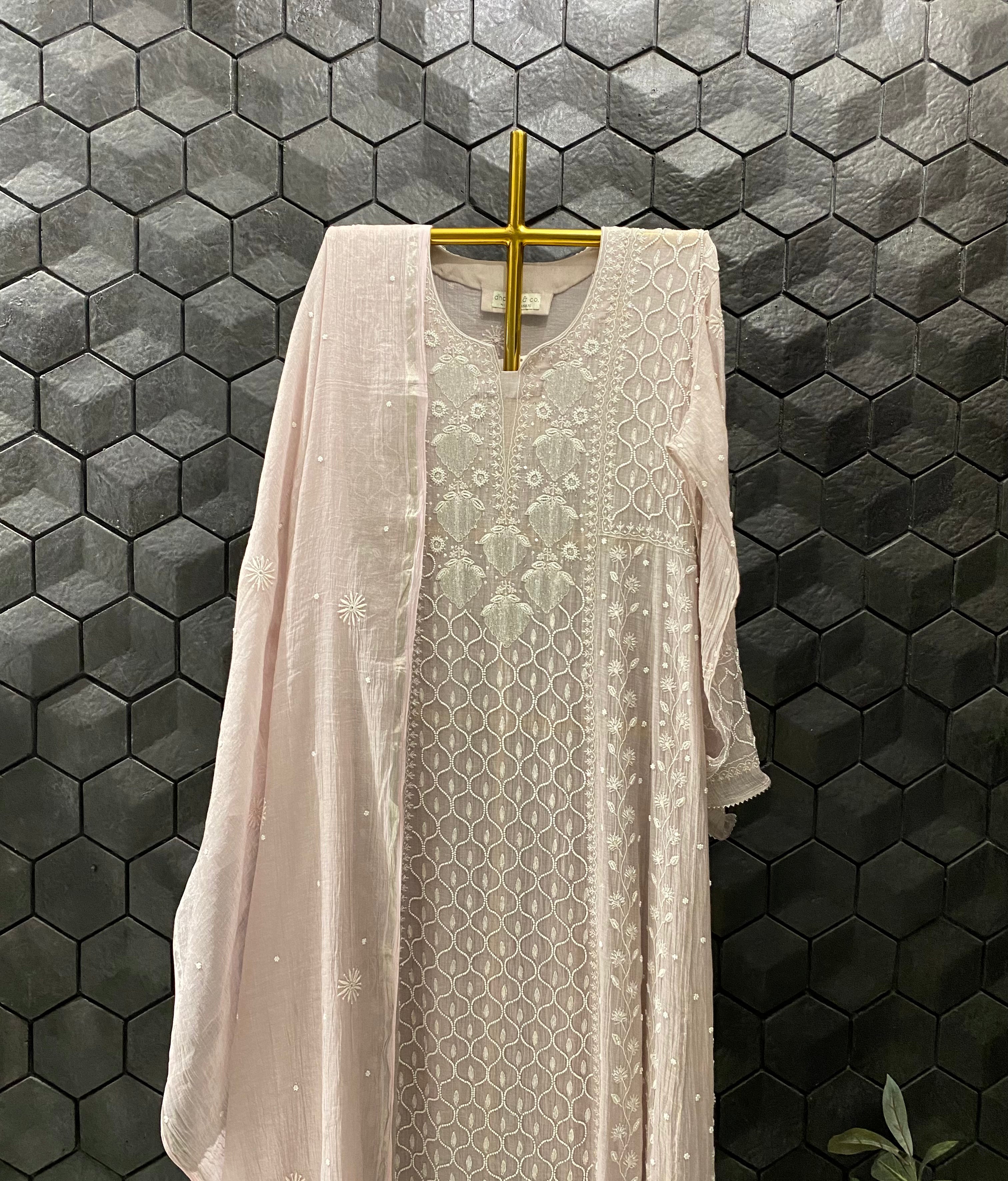 Pink Tissue Chikankari Anarkali Set
