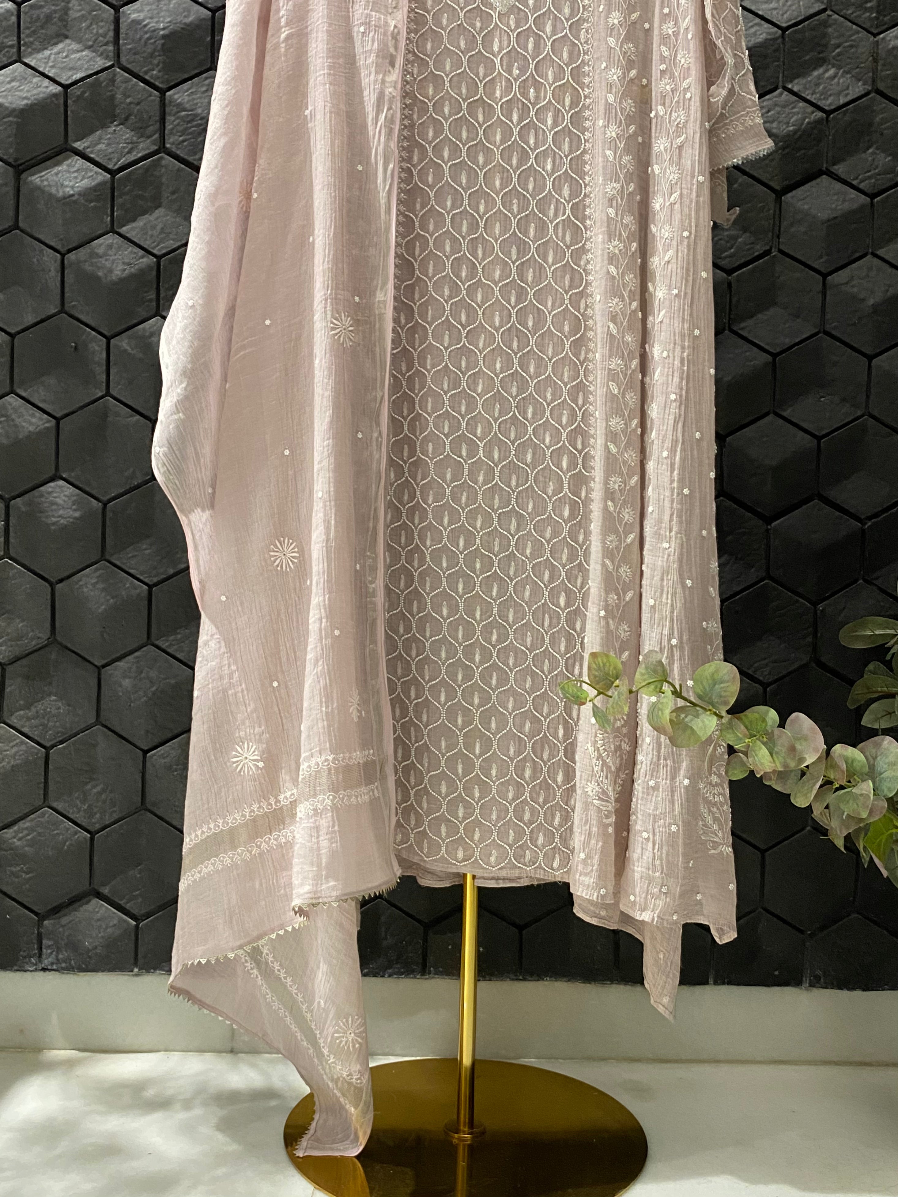Pink Tissue Chikankari Anarkali Set