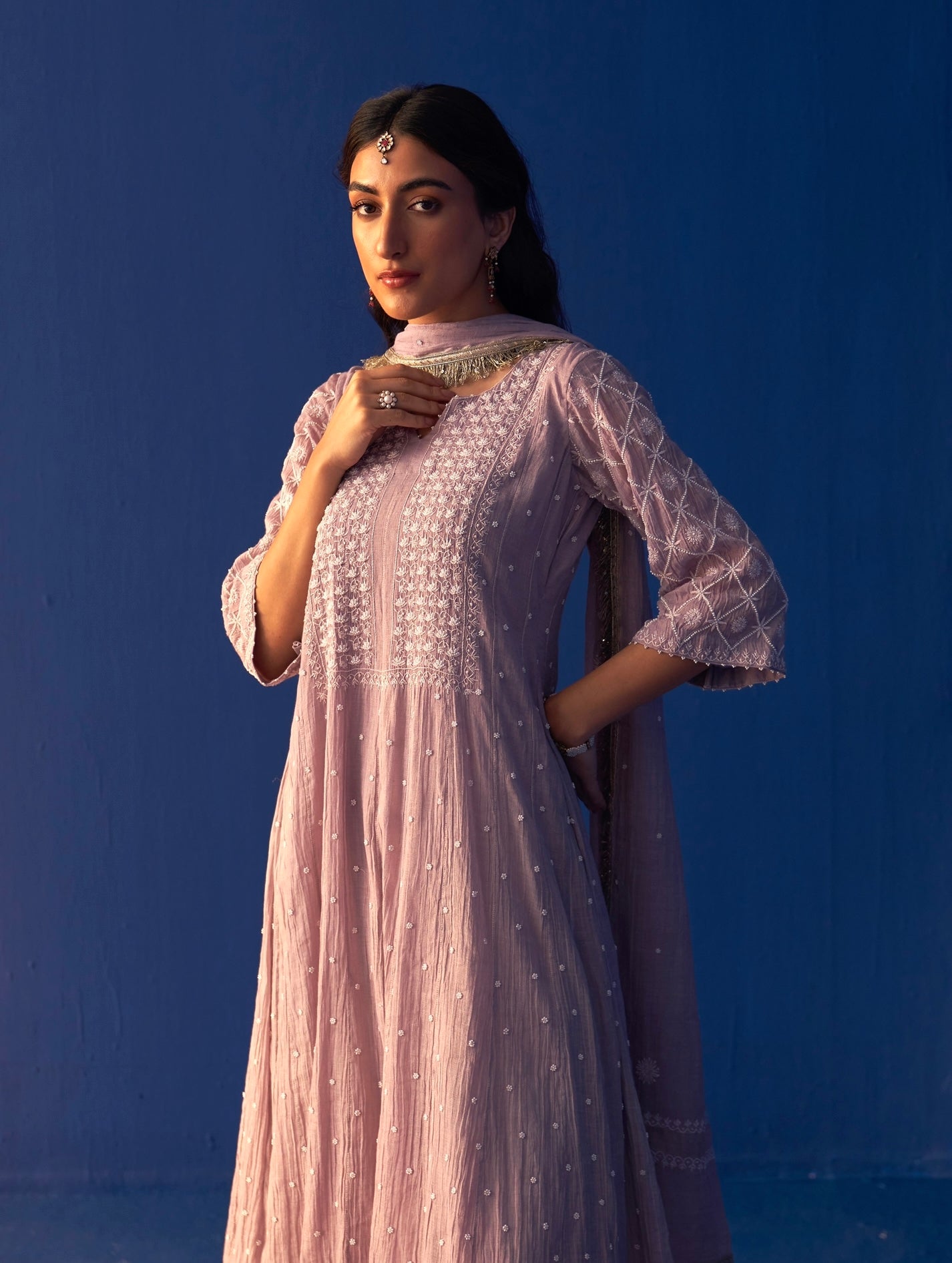 Lavender Silver Tissue Chikankari Kalidar Kurta Set