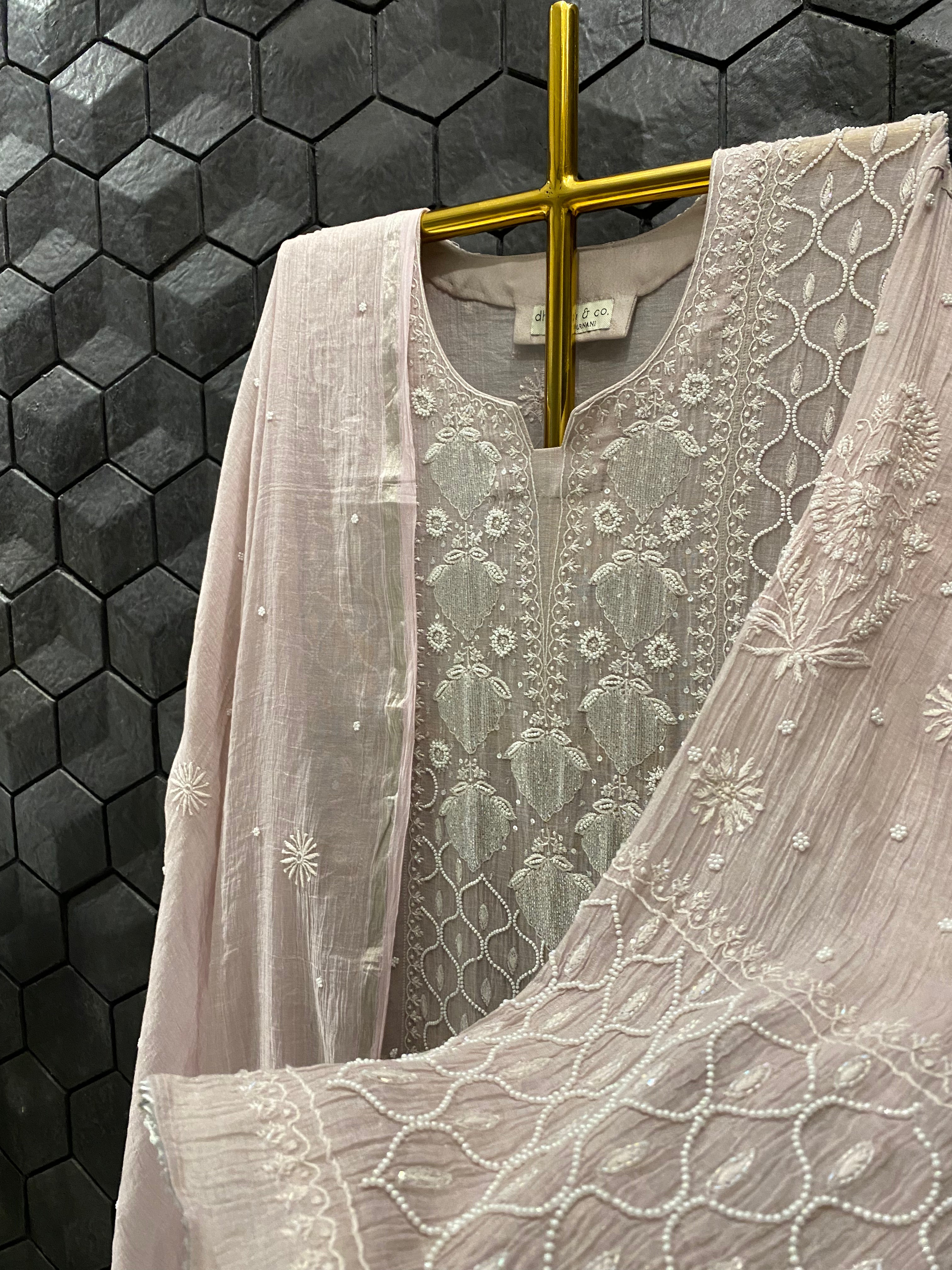 Pink Tissue Chikankari Anarkali Set