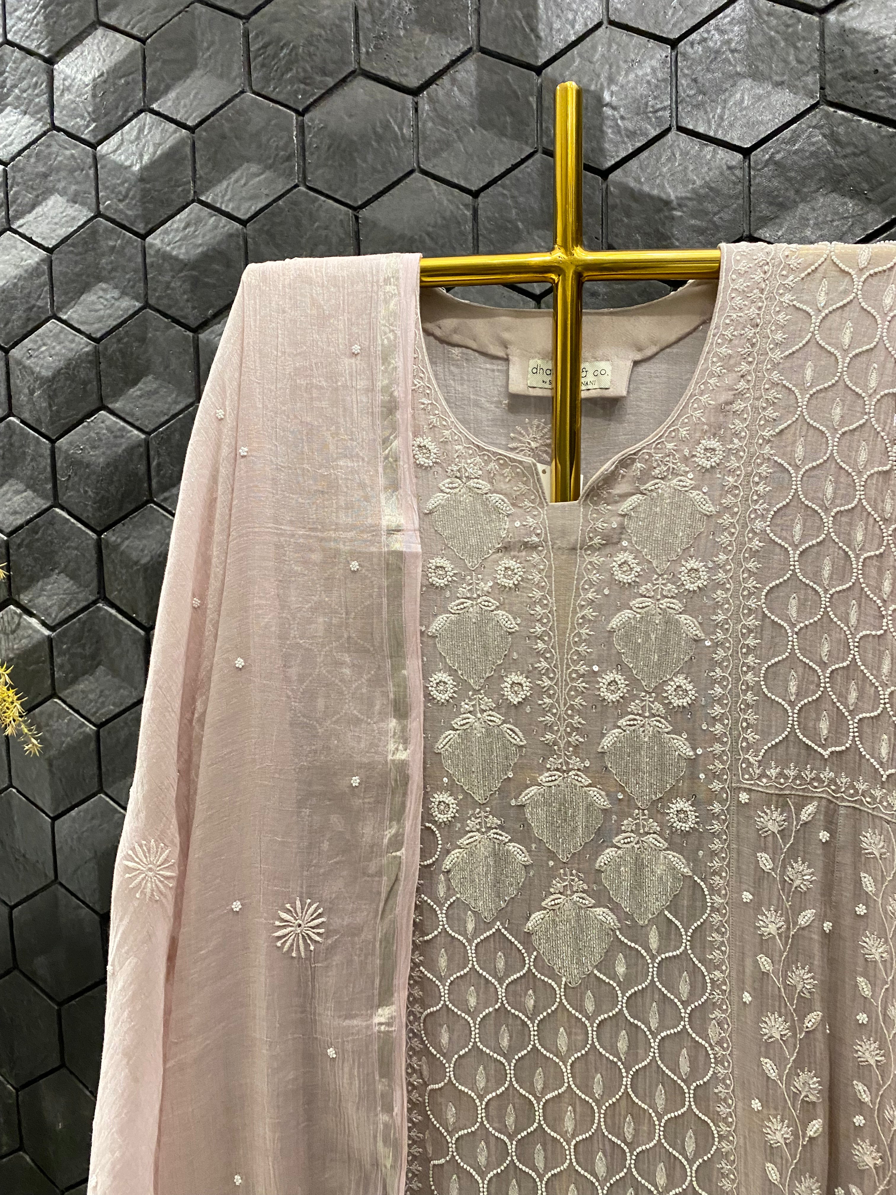 Pink Tissue Chikankari Anarkali Set
