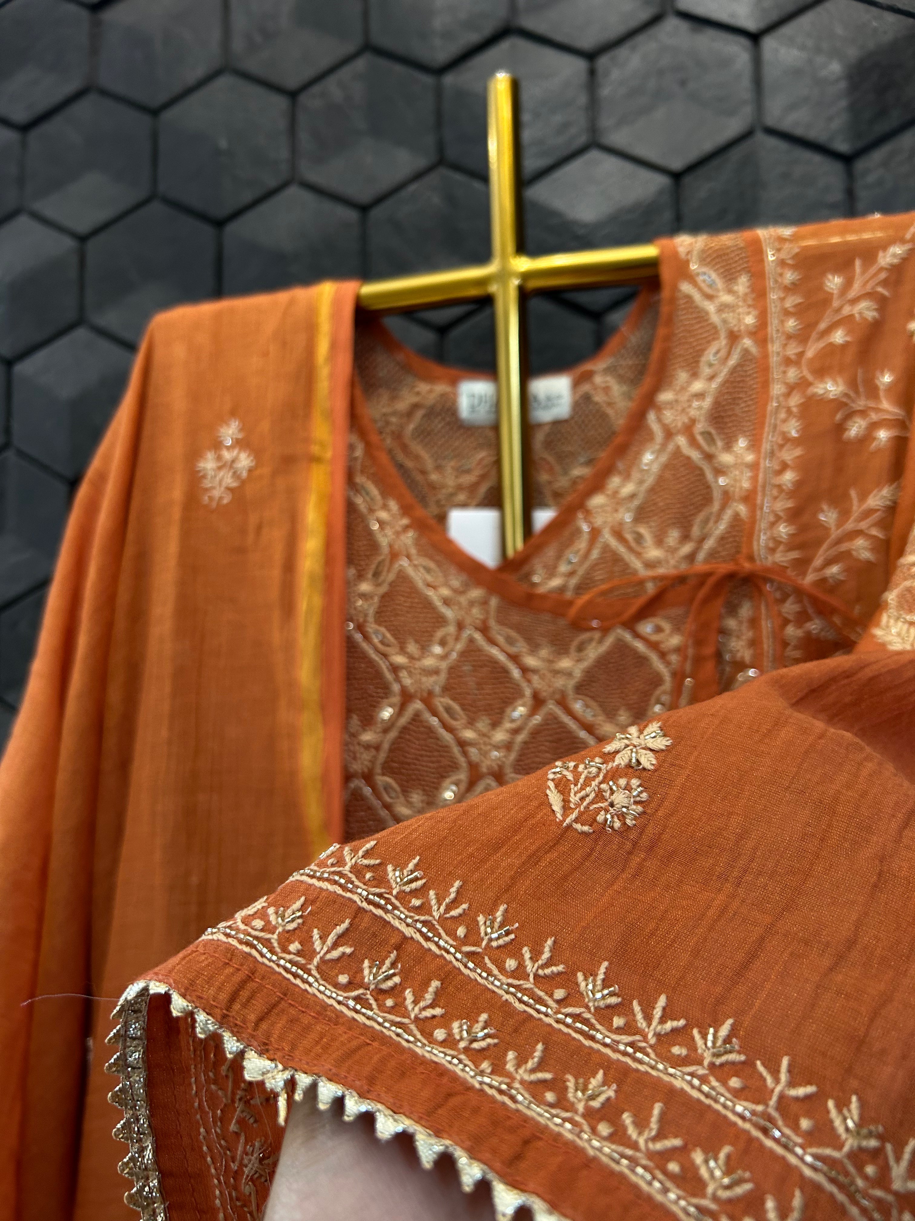 Orange Golden tissue chikankari angarkha set