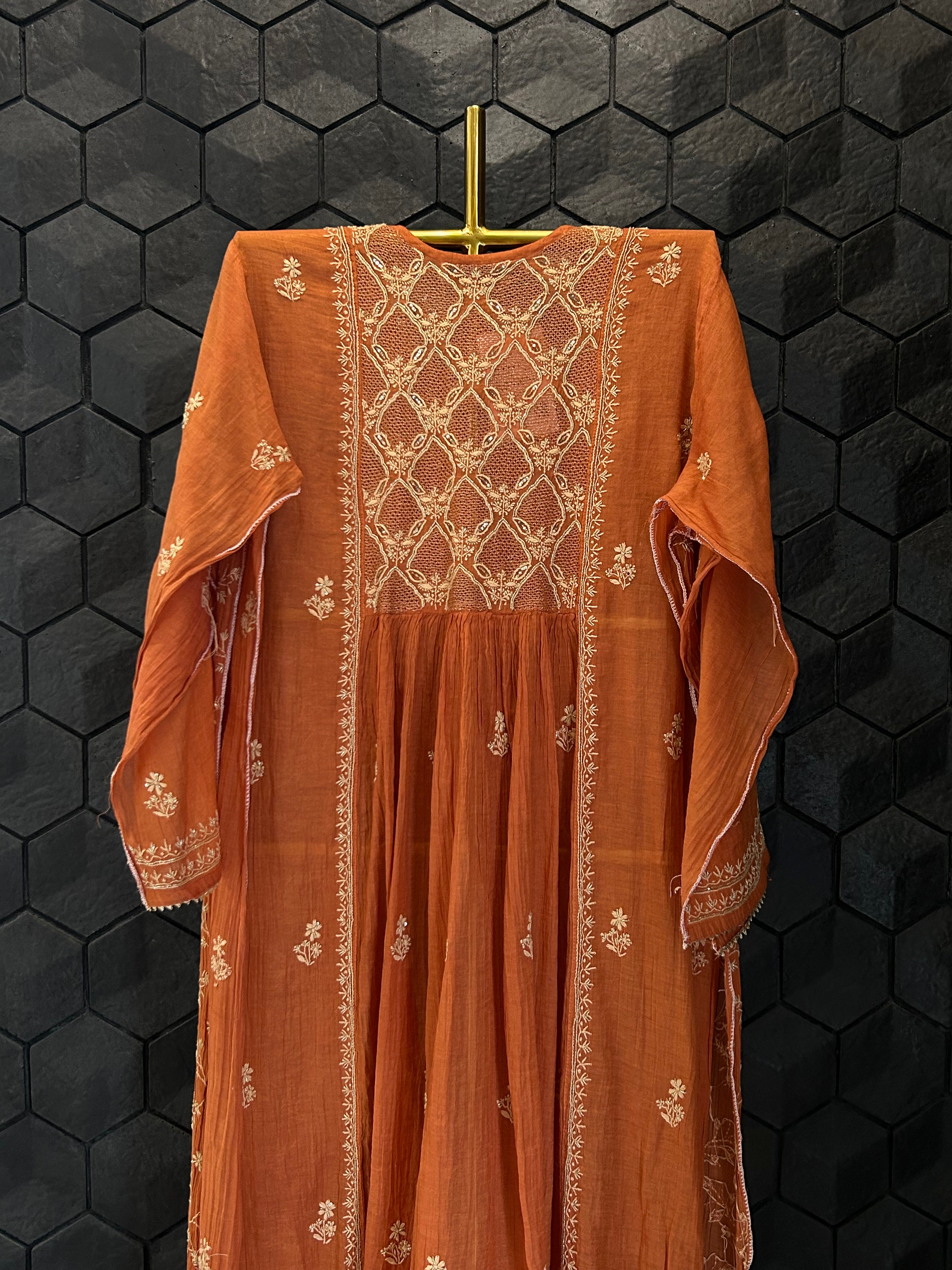 Orange Golden tissue chikankari angarkha set