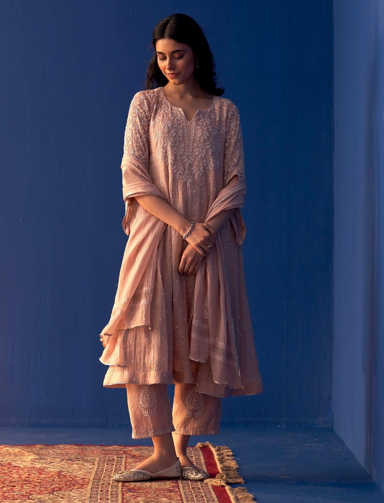 Rose Pink Tissue Chikankari Kalidar Kurta Set