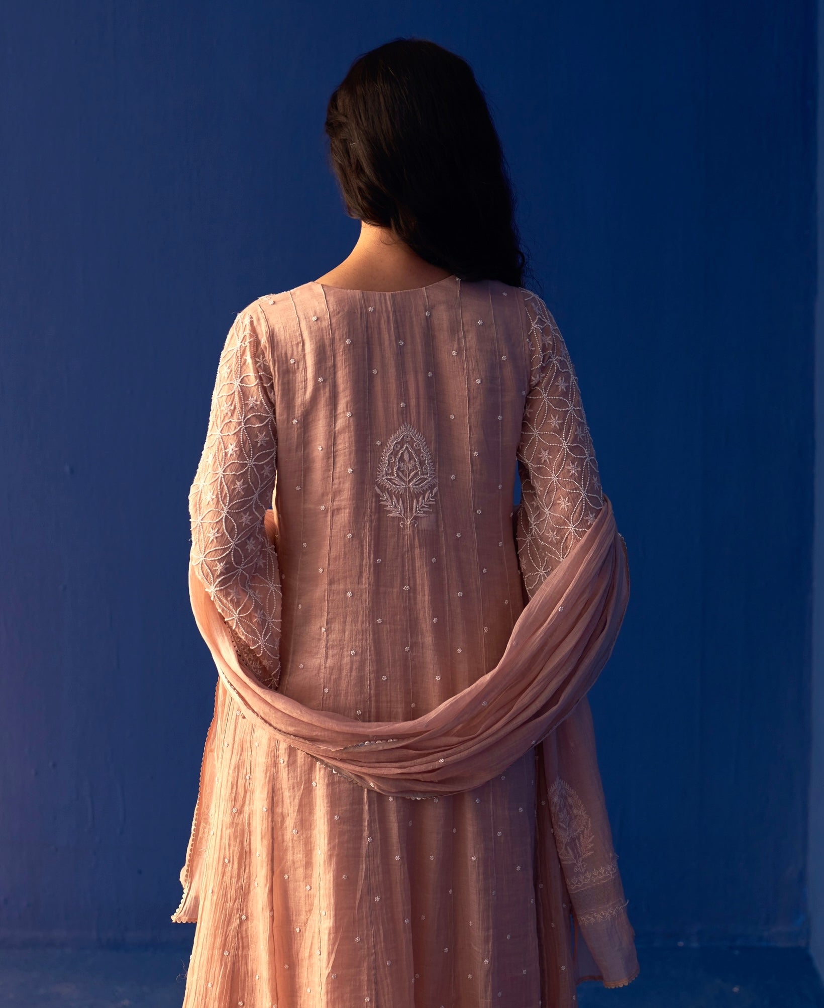 Rose Pink Tissue Chikankari Kalidar Kurta Set