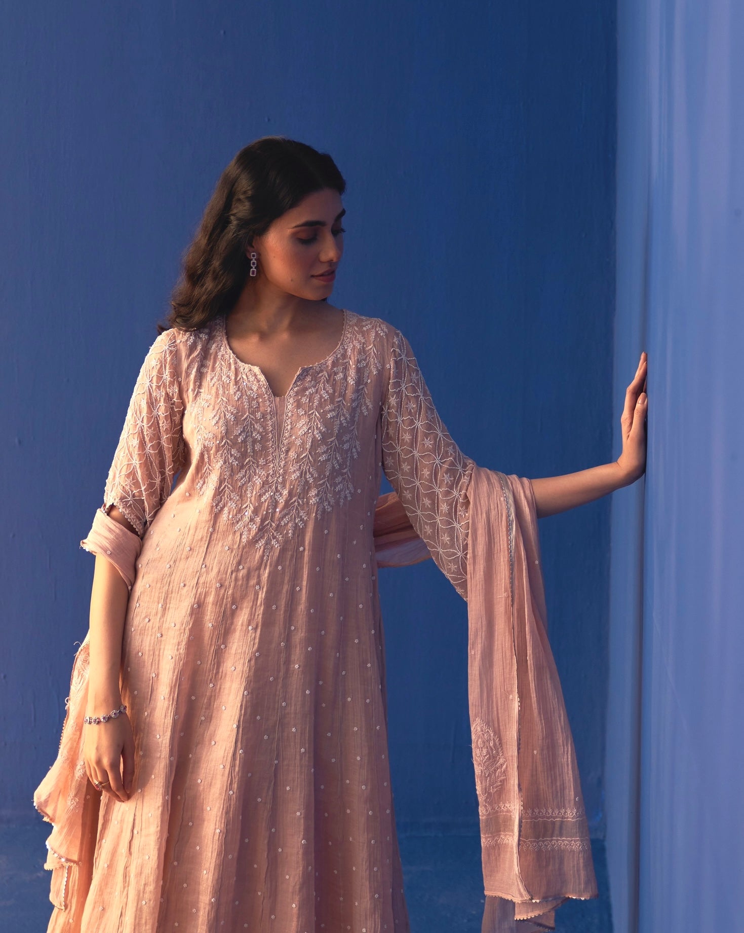 Rose Pink Tissue Chikankari Kalidar Kurta Set