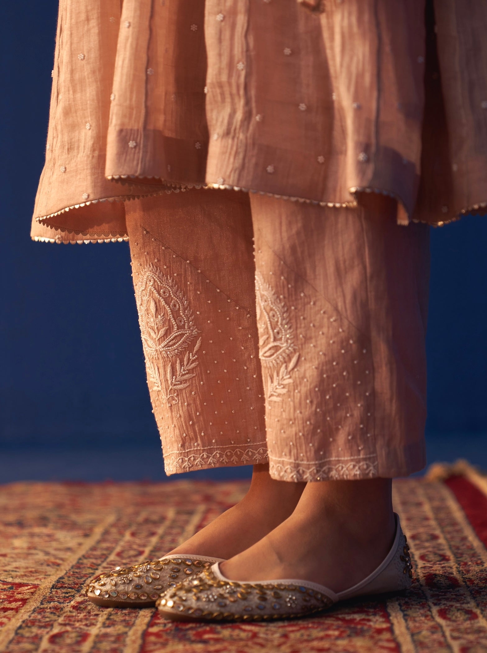 Rose Pink Tissue Chikankari Kalidar Kurta Set