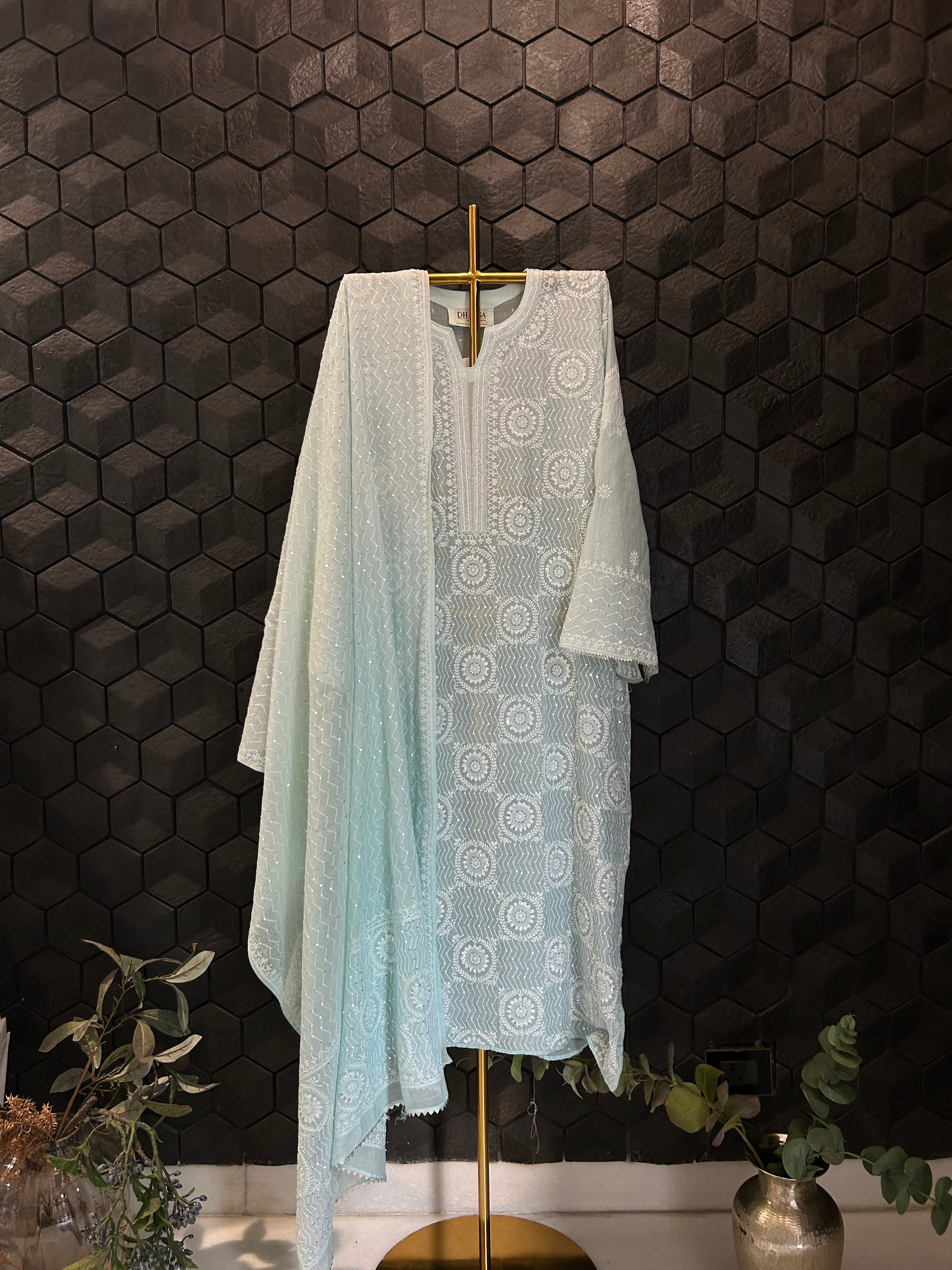 Sea Green Mul Chanderi Chikankari Kurta Set