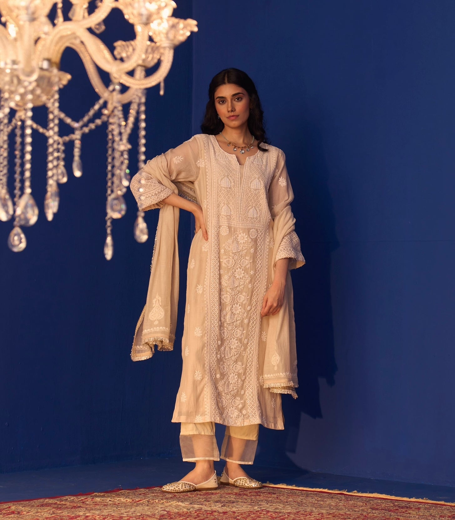 Beige Mul Chanderi Chikankari Kurta Set