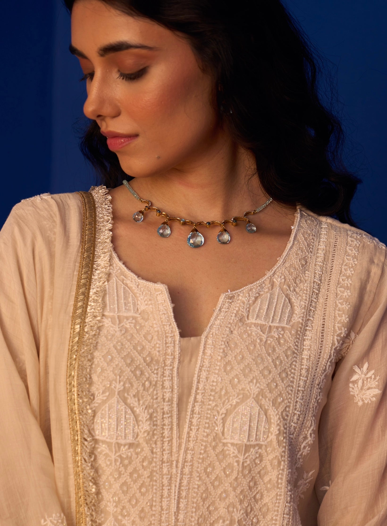 Beige Mul Chanderi Chikankari Kurta Set